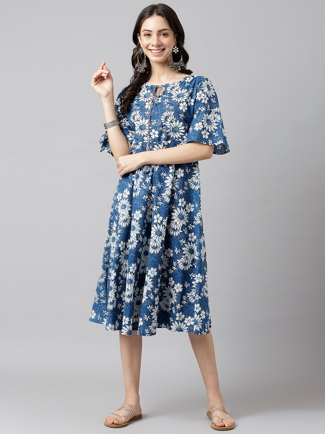 

DECKEDUP Blue & White Cotton Floral Midi Dress