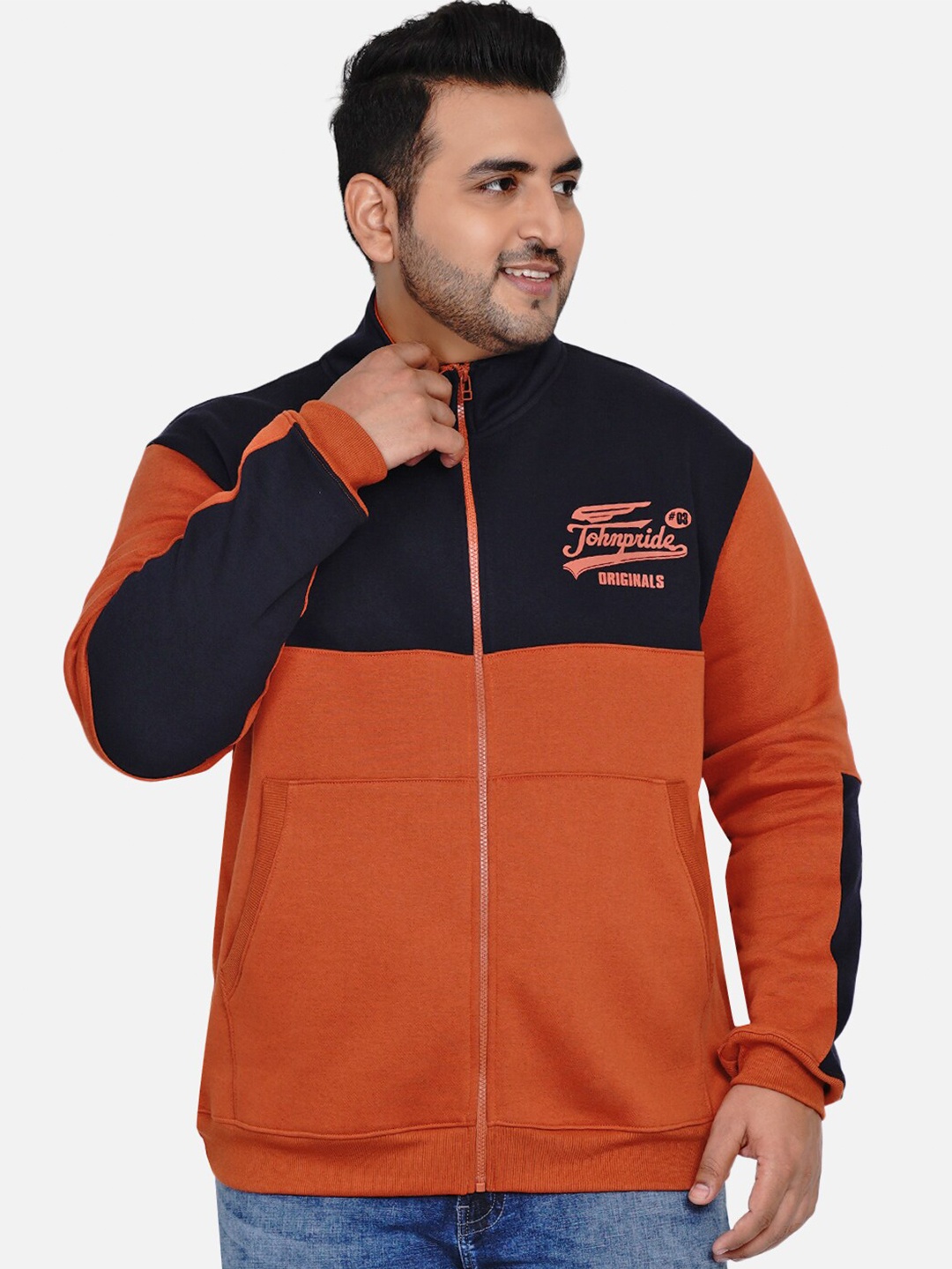 

John Pride Men Plus Size Colourblocked Zipper Sweatshirt, Rust