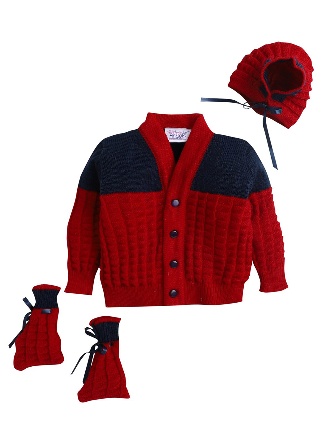 

Little Angels Unisex Kids Red & Navy Blue Colourblocked Cardigan