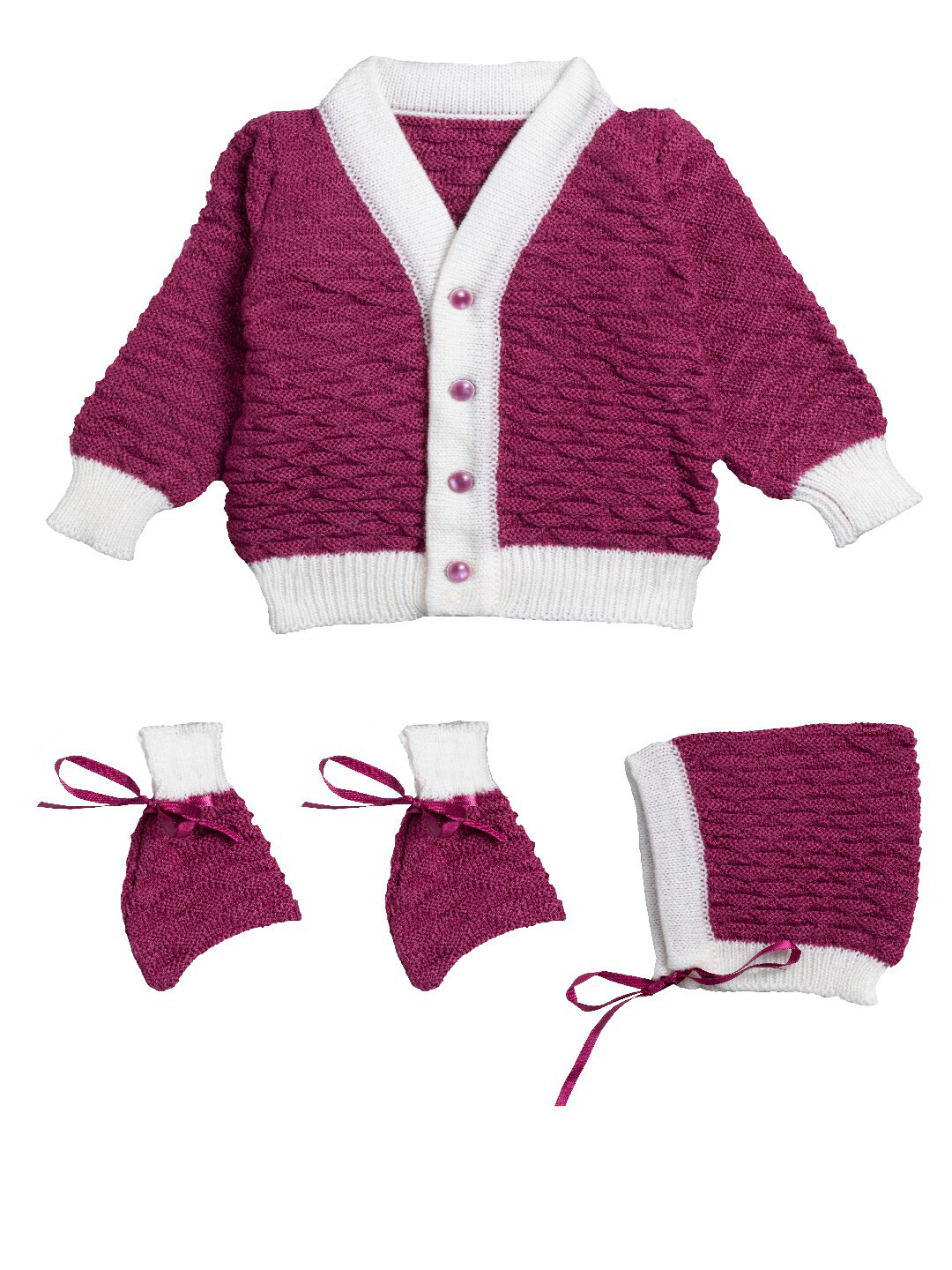 

Little Angels Unisex Kids Purple & White Cardigan Matching Cap And Socks