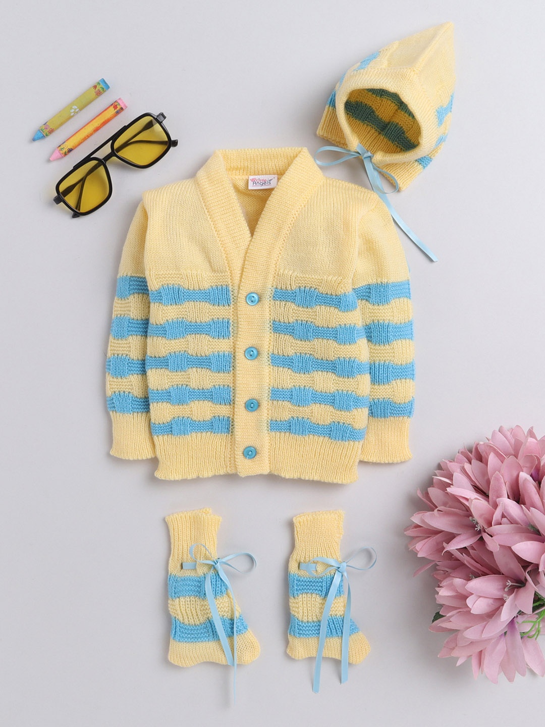 

Little Angels Unisex Kids Yellow & Blue Striped Cardigan Matching Cap And Socks