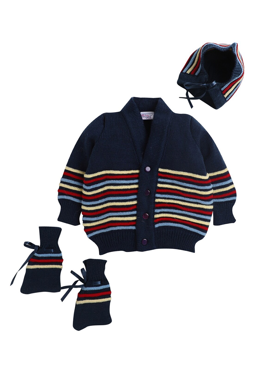 

Little Angels Unisex Kids Navy Blue & Red Striped Cardigan Matching Cap And Socks