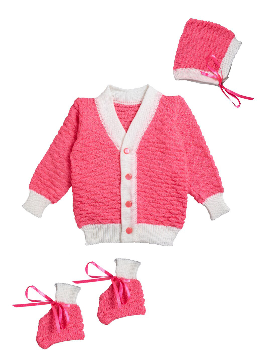 

Little Angels Girls Pink & White Cable Knit Cardigan Matching Cap And Socks