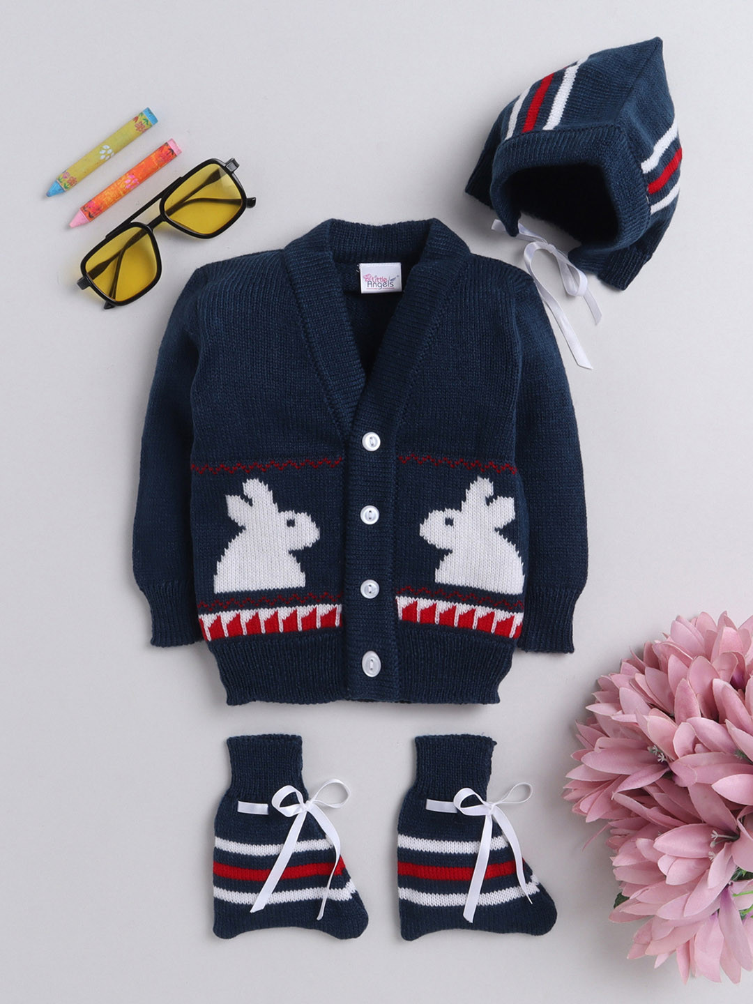 

Little Angels Unisex Kids Navy Blue & White Cardigan Matching Cap And Socks