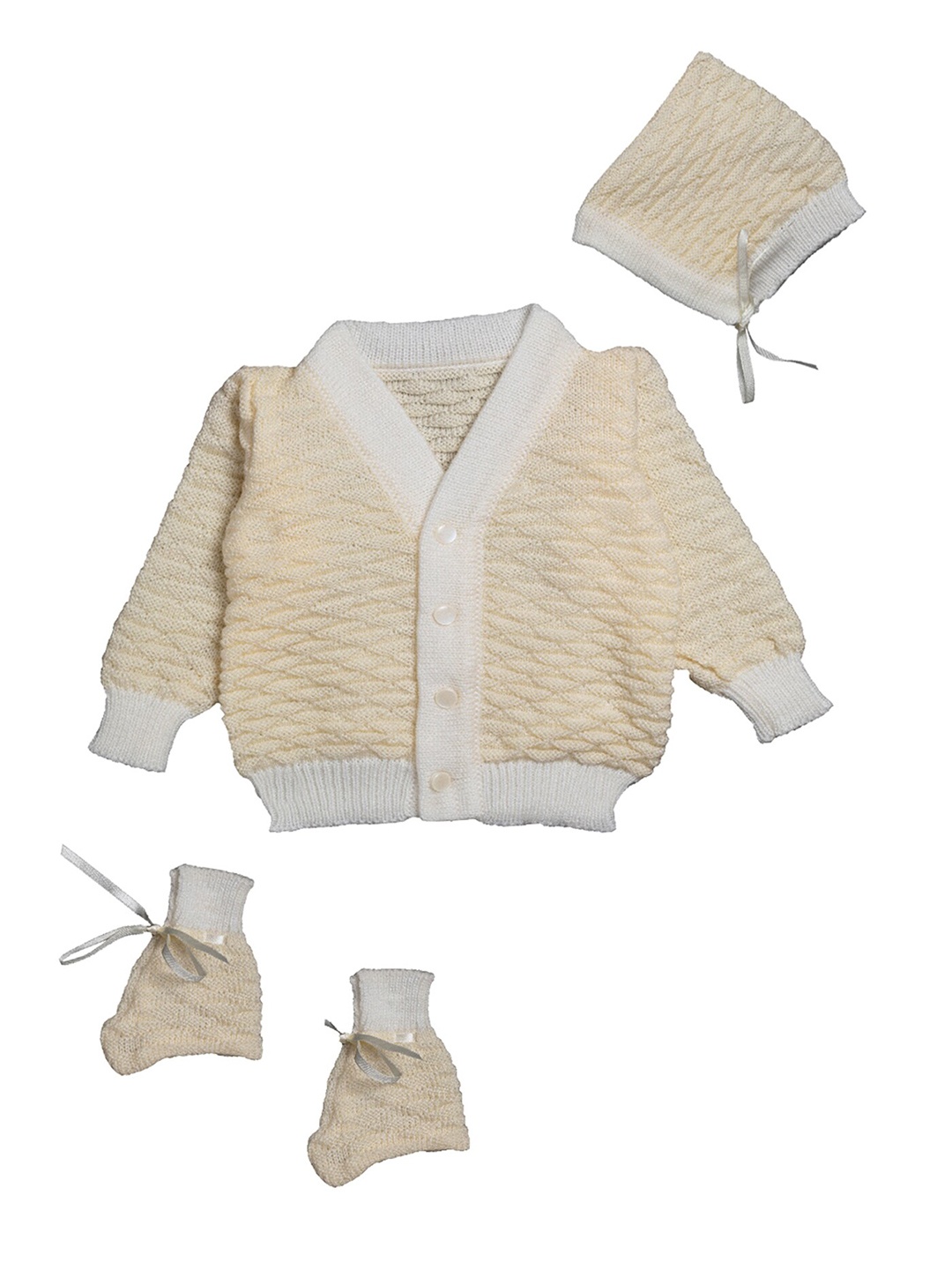 

Little Angels Unisex Kids Cream-Coloured Cable Knit Cardigan Matching Cap And Socks