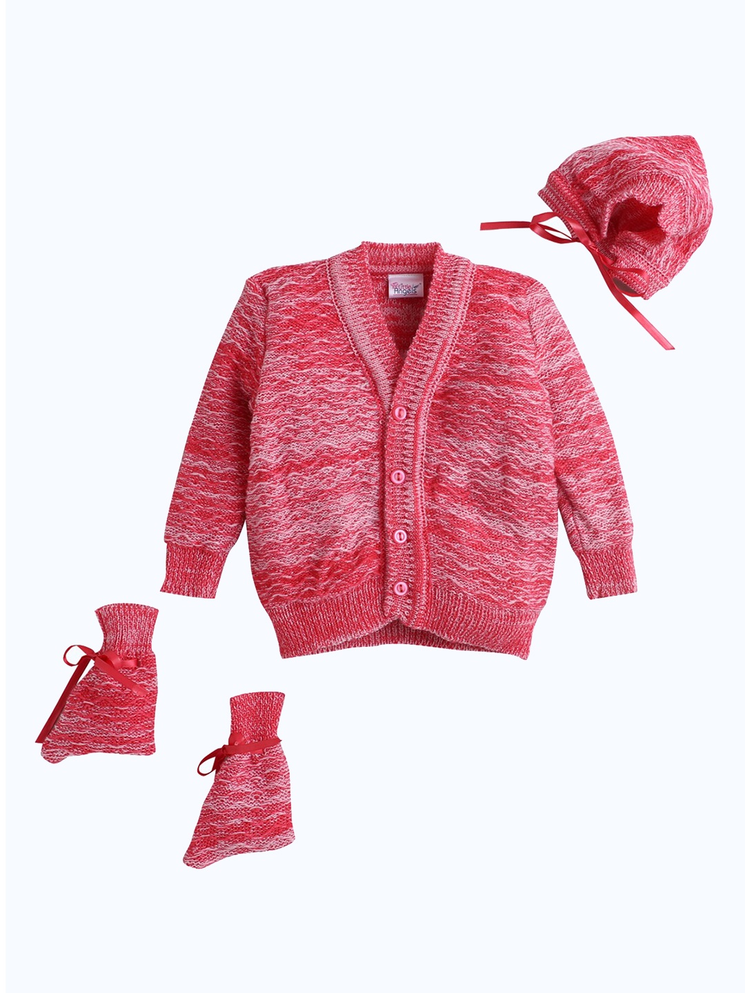 

Little Angels Girls Fuchsia & White Cable Knit Cardigan Matching Cap And Socks