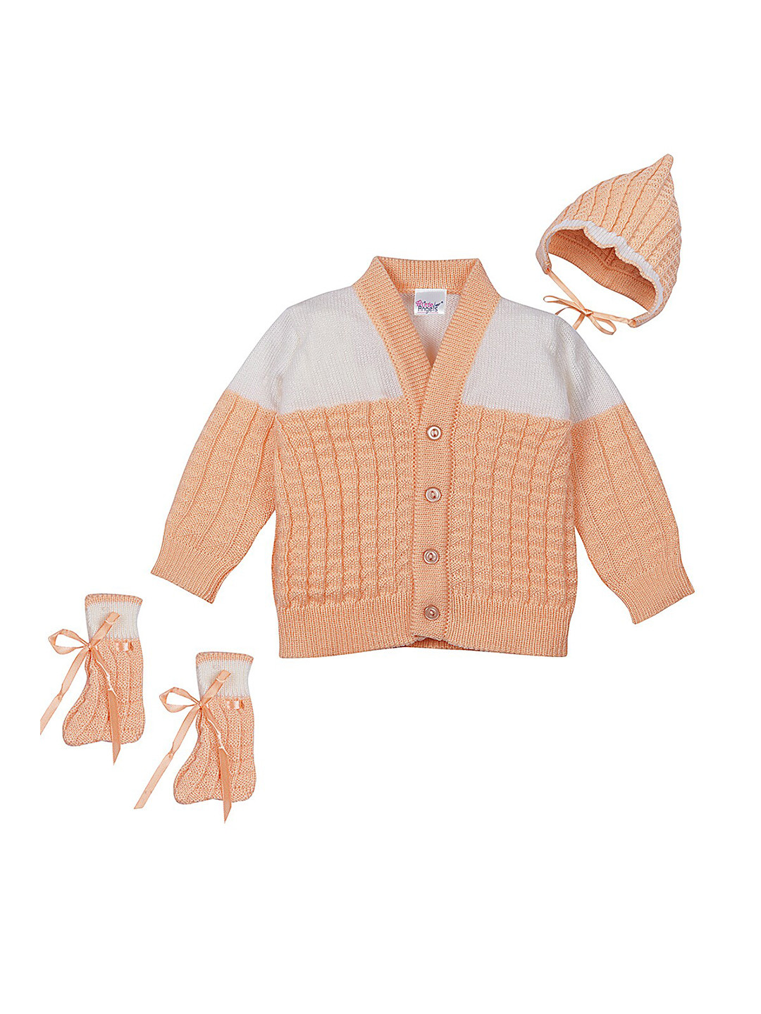 

Little Angels Unisex Kids Peach-Coloured & White Cardigan matching Cap And Socks
