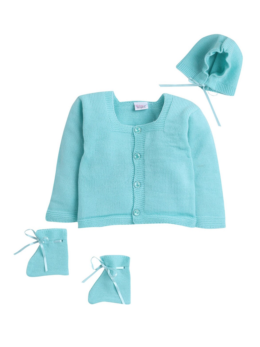 

Little Angels Unisex Kids Green Cable Knit Cardigan matching Cap And Socks