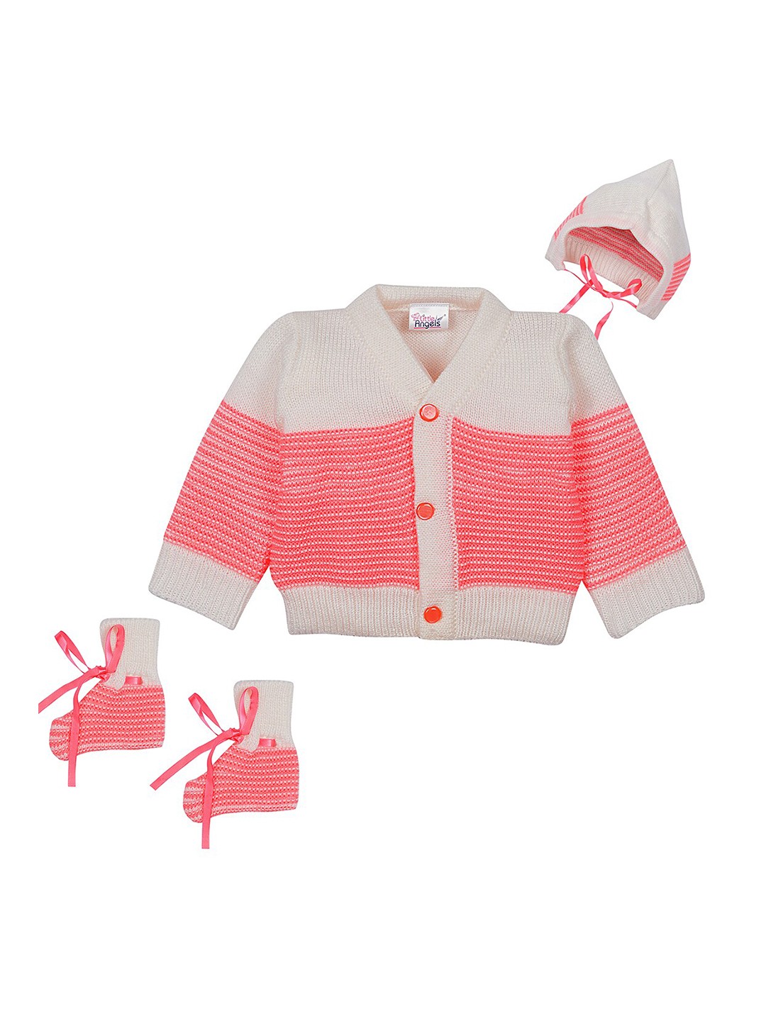 

Little Angels Girls Pink & White Colourblocked Cardigan Matching Cap And Socks