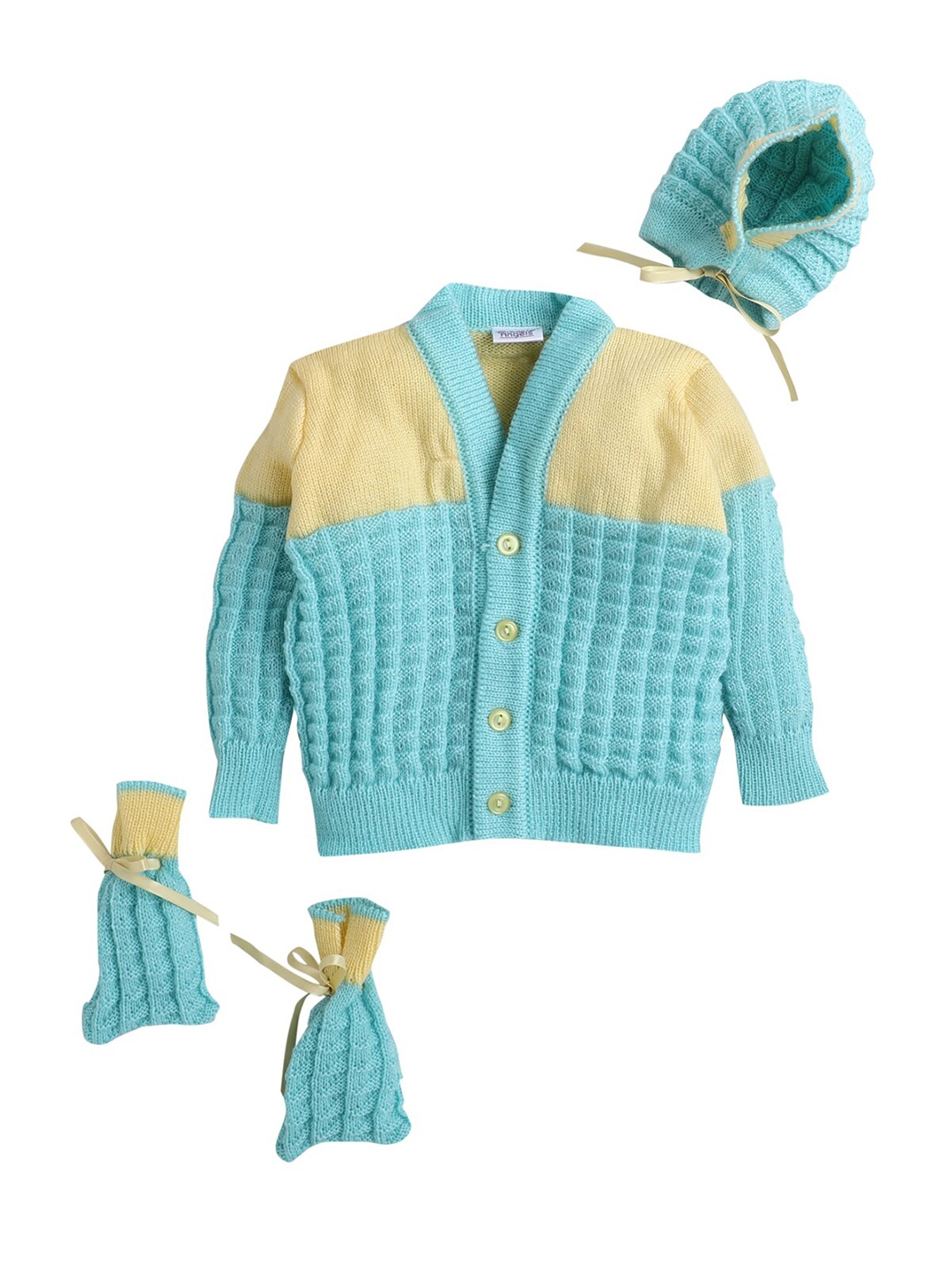 

Little Angels Unisex Kids Green & White Cardigan matching Cap And Socks