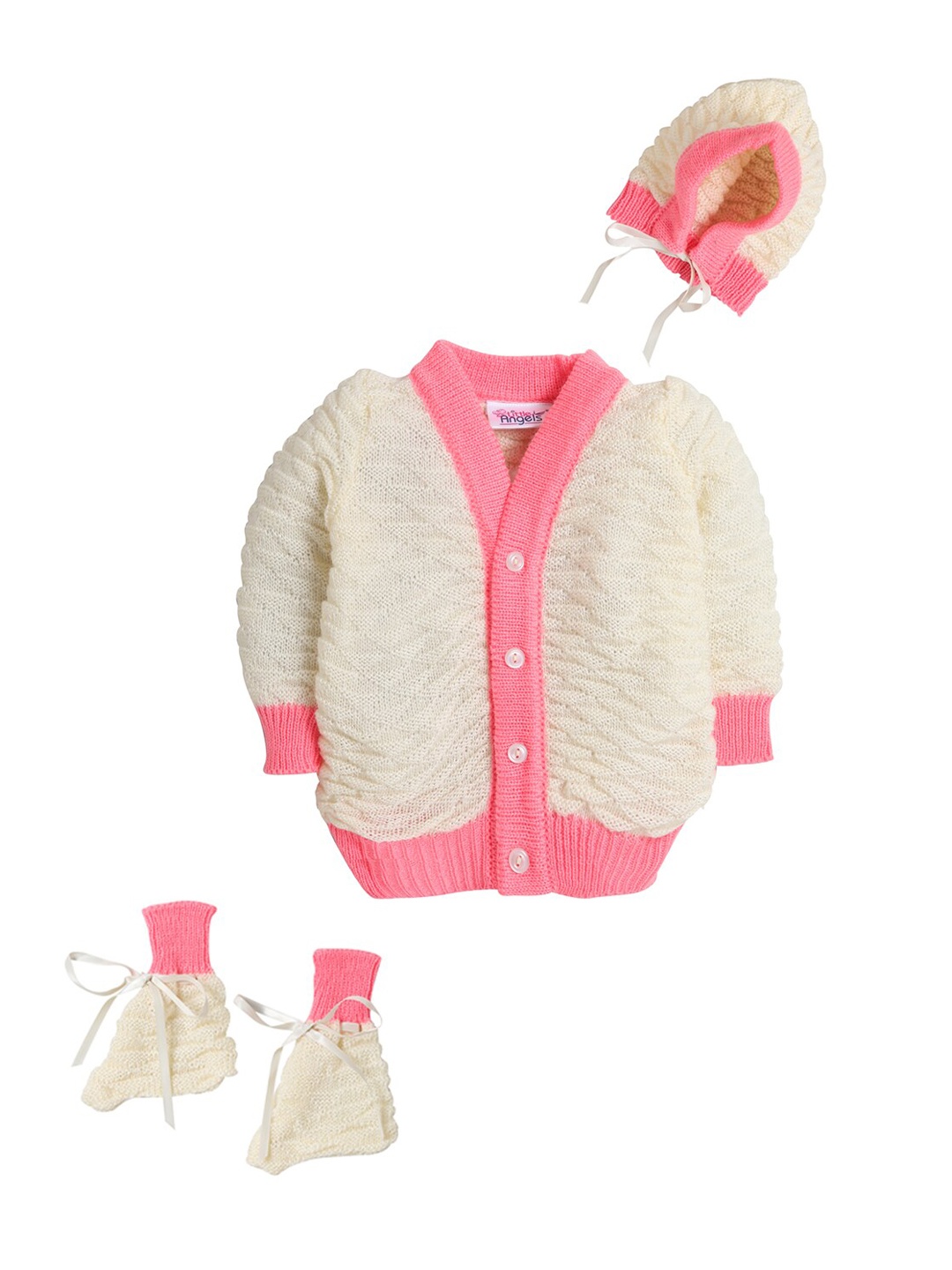 

Little Angels Unisex Kids Cream-Coloured & Pink Cable Knit Cardigan matching Cap And Socks