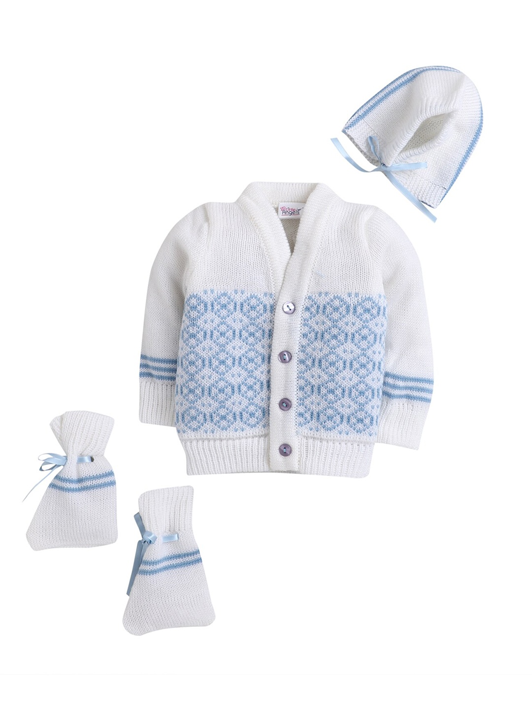 

Little Angels Boys Blue & White Cable Knit Cardigan matching Cap And Socks