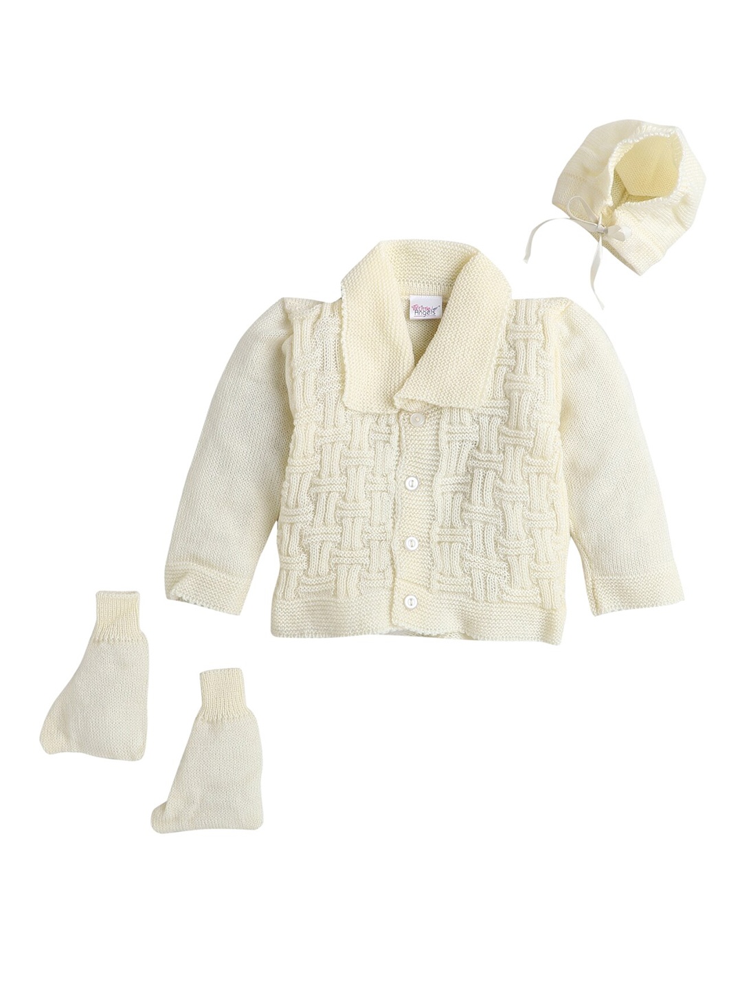 

Little Angels Unisex Kids Cream-Coloured Cable Knit Cardigan matching Cap And Socks
