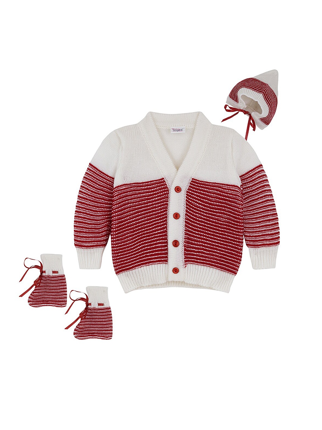 

Little Angels Unisex Kids Red & White Cable Knit Cardigan with Matching Cap And Socks