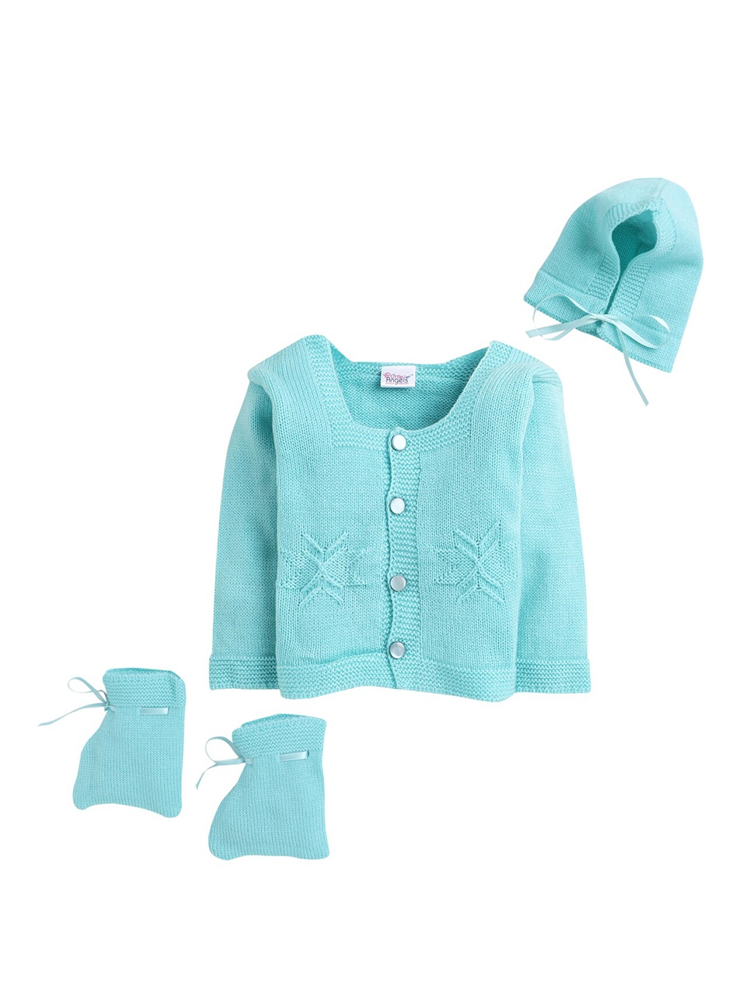

Little Angels Unisex Kids Green Cardigan with Matching Cap And Socks
