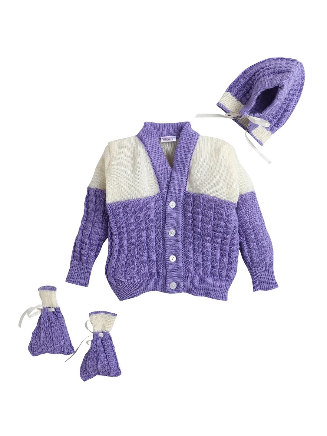 

Little Angels Unisex Kids Cream-Coloured & Purple Cable Knit Cardigan