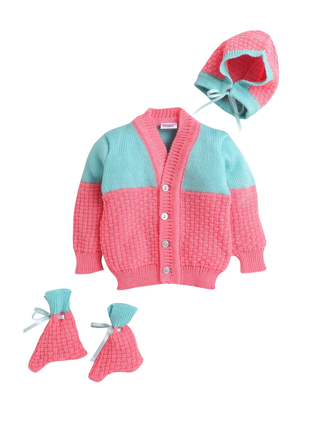 

Little Angels Girls Pink & Blue Colourblocked Cardigan with Matching Cap And Socks