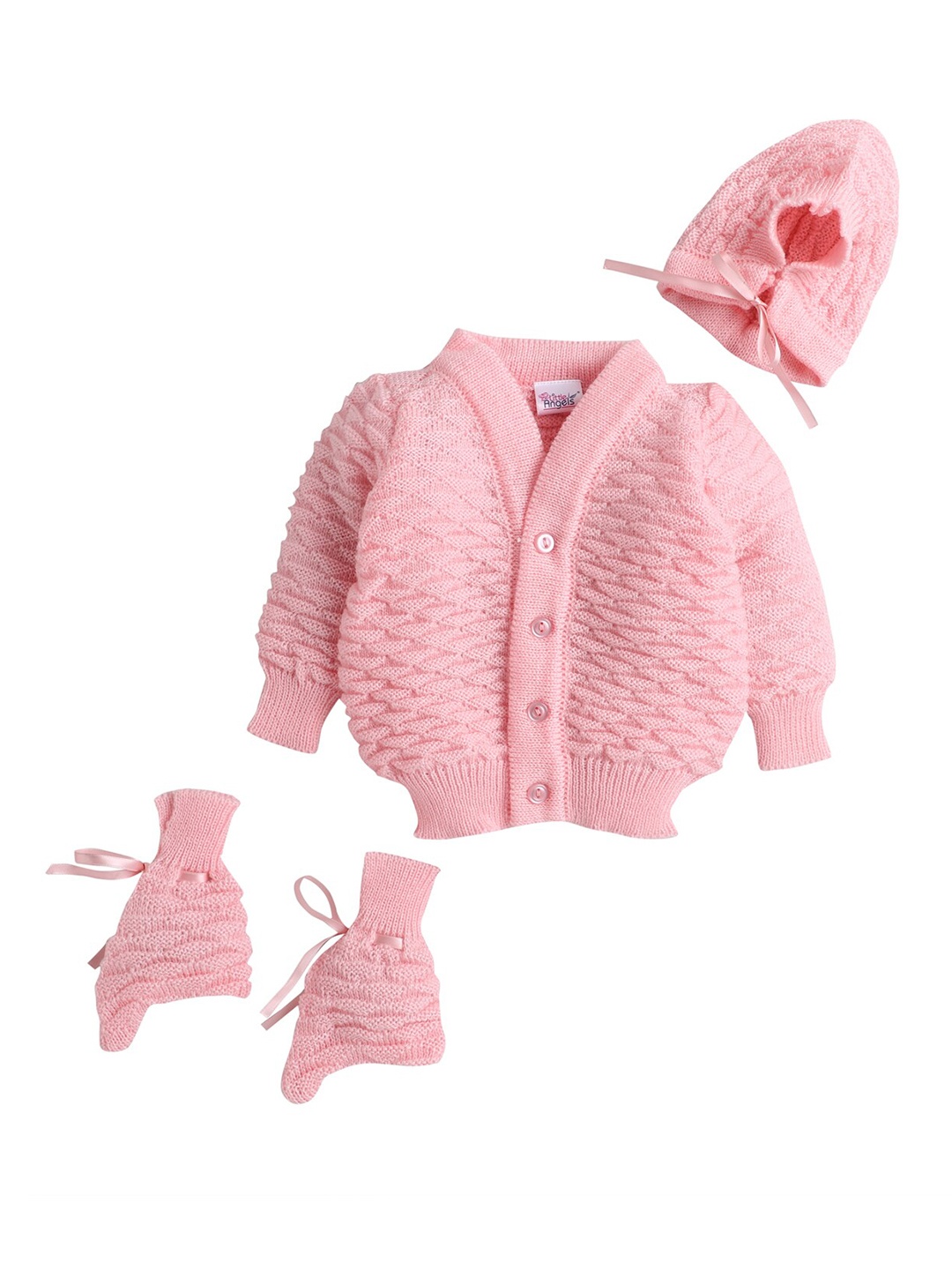 

Little Angels Girls Pink Cable Knit Cardigan with matching Cap And Socks