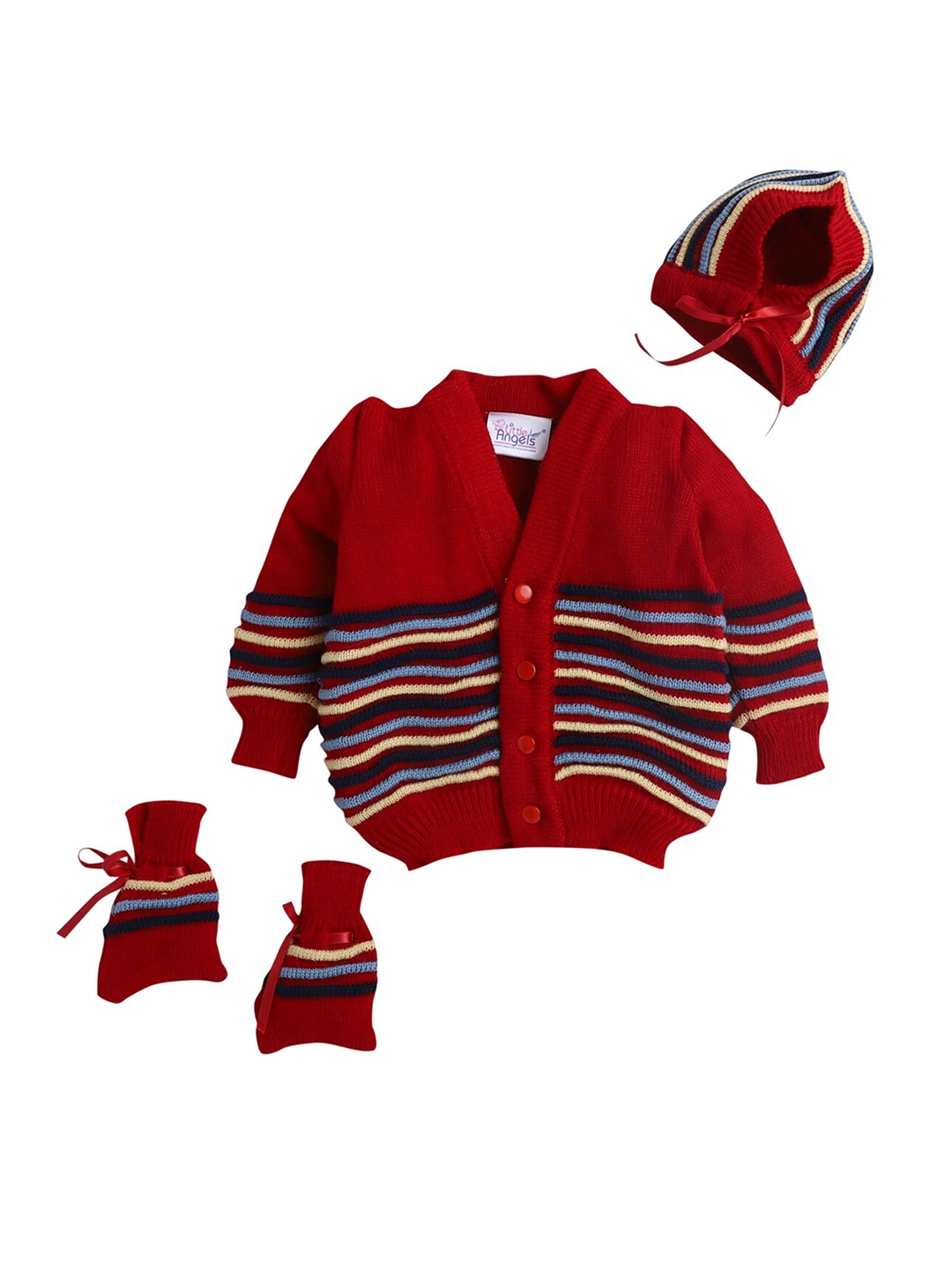 

Little Angels Unisex Kids Red & Blue Striped Cardigan with Cap And Socks