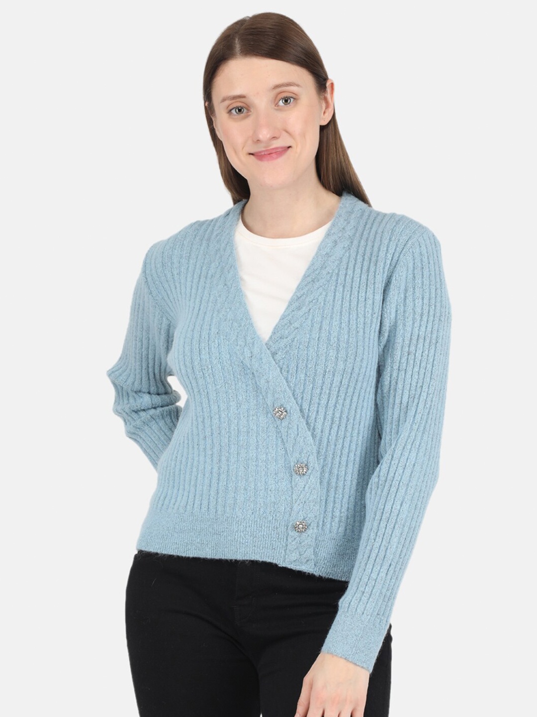 

Monte Carlo Women Blue Striped Cardigan