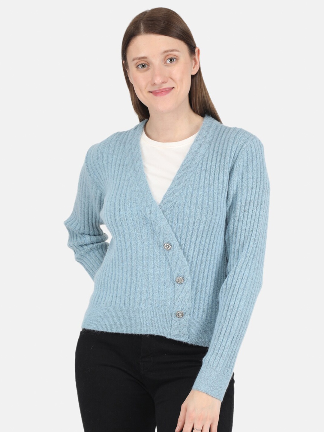

Monte Carlo Women Blue Striped Cardigan