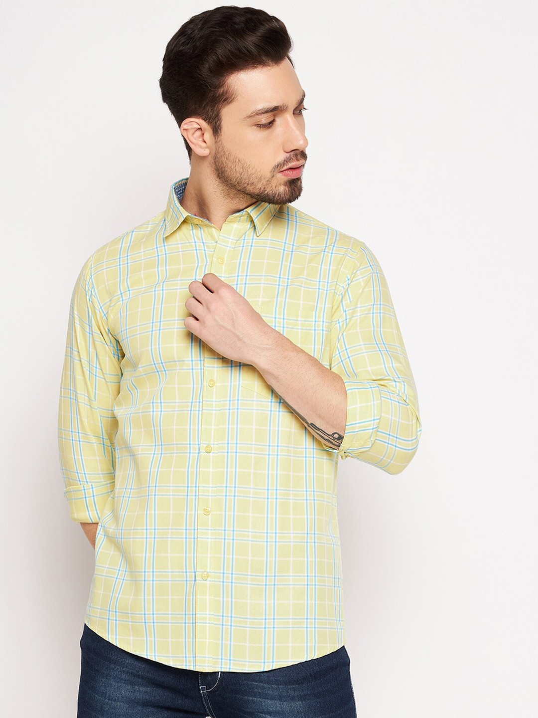 

Duke Men Yellow Slim Fit Tartan Checked Cotton Casual Shirt