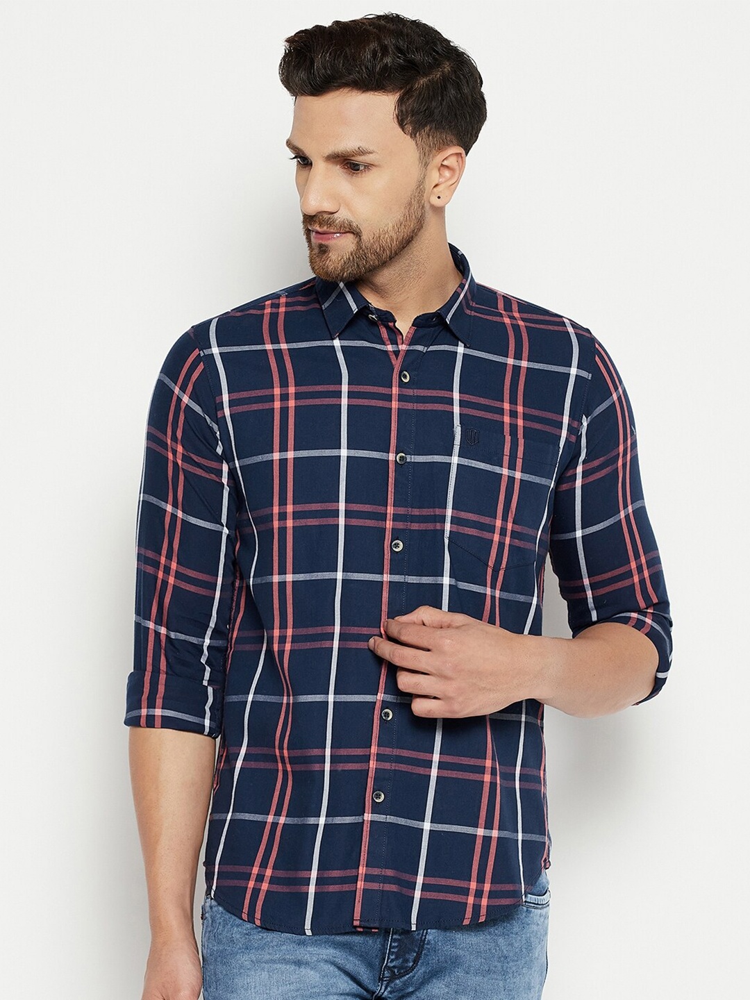 

Duke Men Navy Blue Slim Fit Tartan Checked Cotton Casual Shirt
