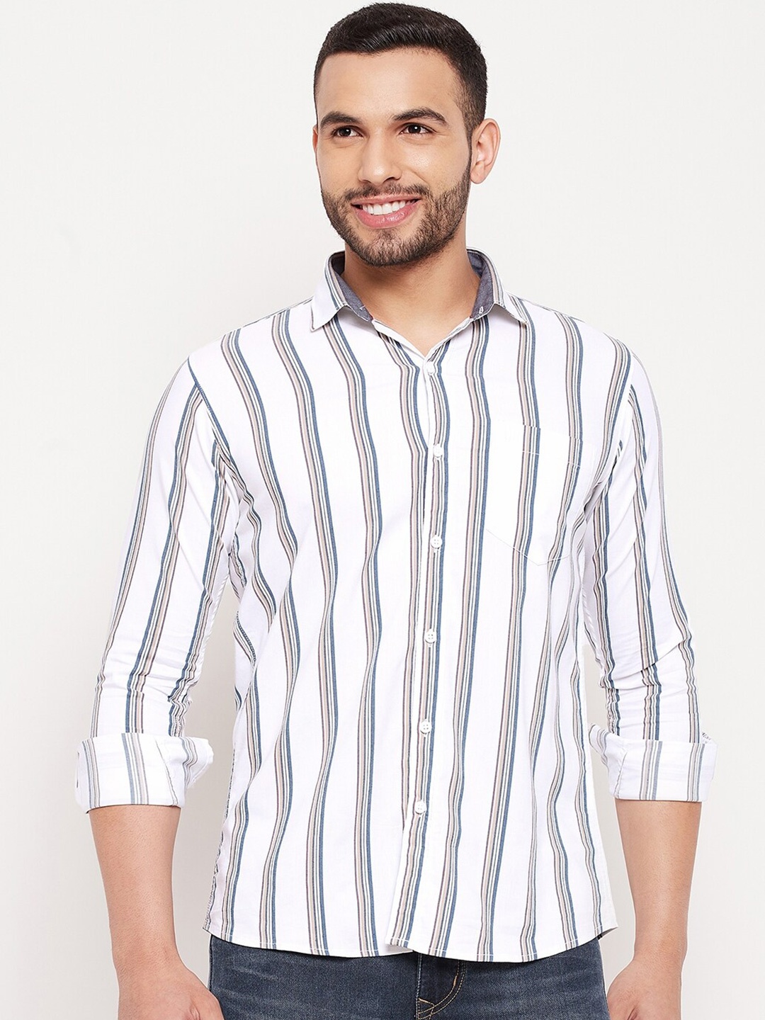 

Duke Men White Slim Fit Striped Cotton Casual Shirt