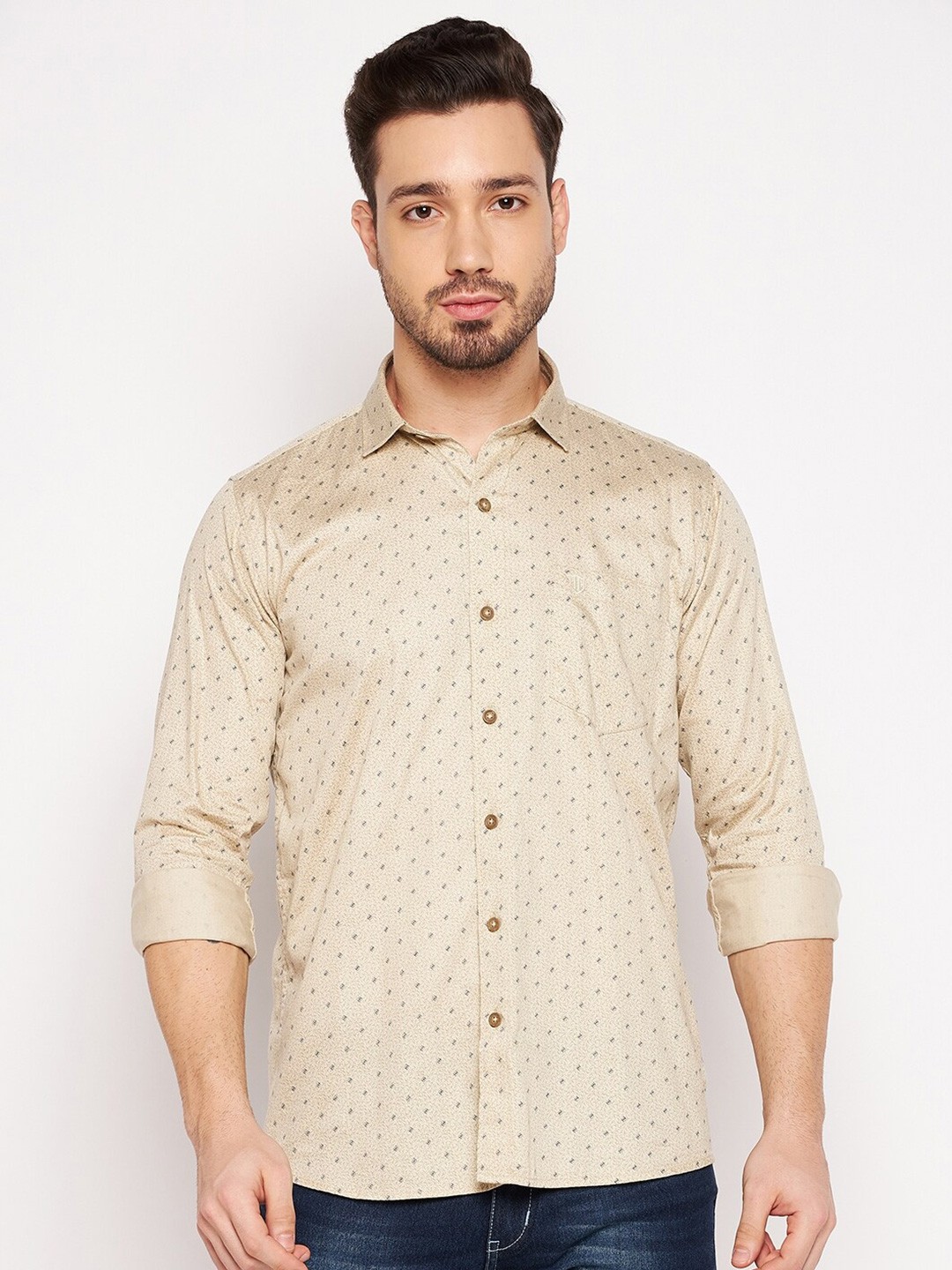 

Duke Men Beige Slim Fit Printed Cotton Casual Shirt