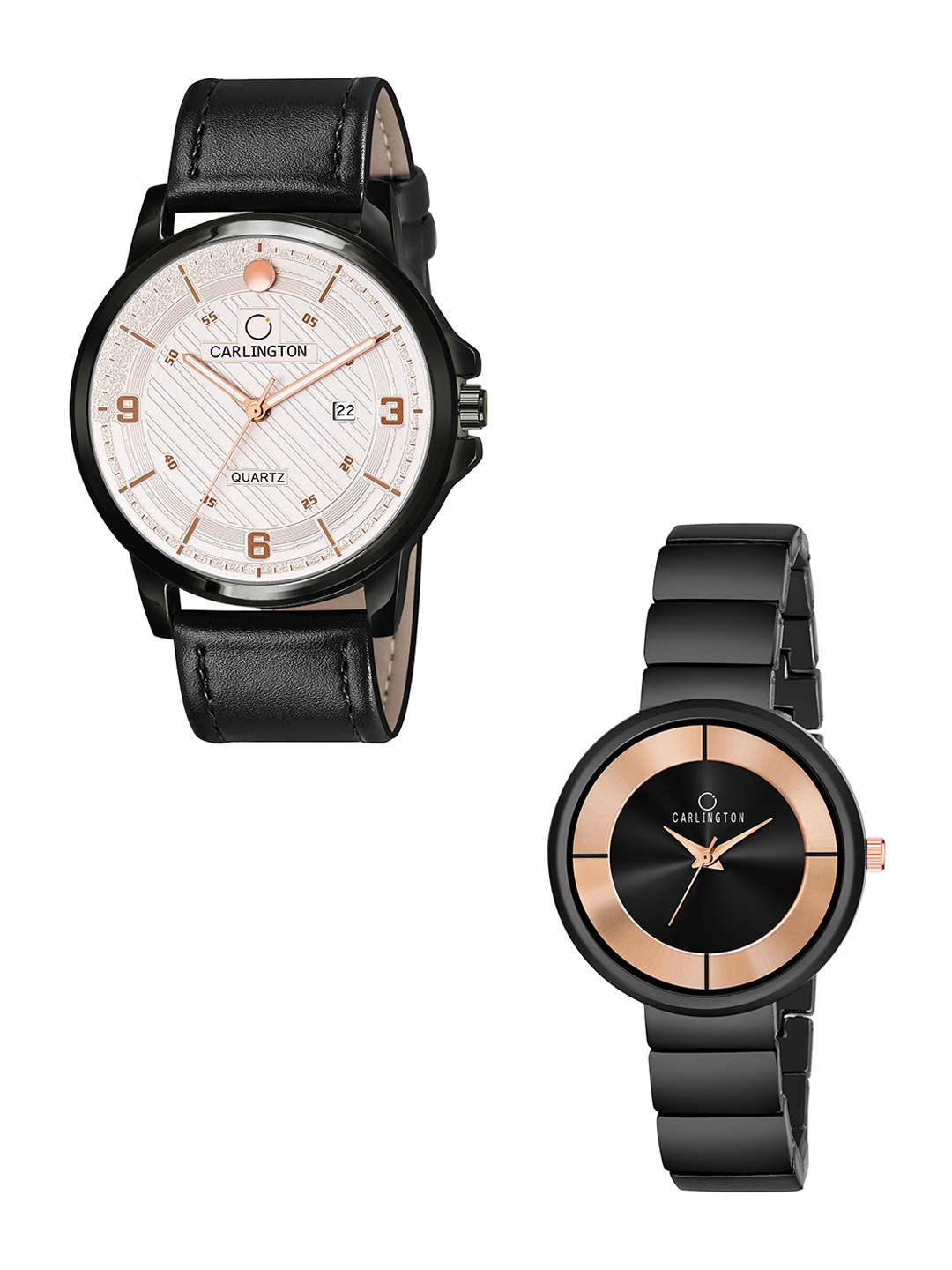 

CARLINGTON White Dial & Black Leather Straps Analogue Couple Watches - CT1050