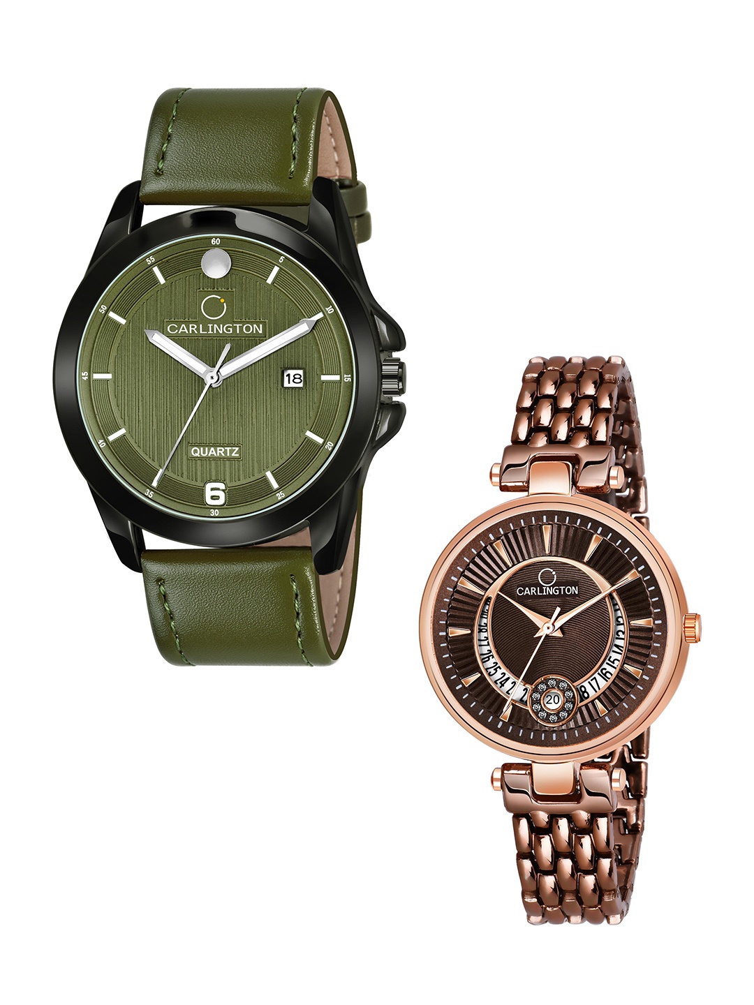 

CARLINGTON Green Dial & Green Leather Straps Analogue Couple Watches - CT1040