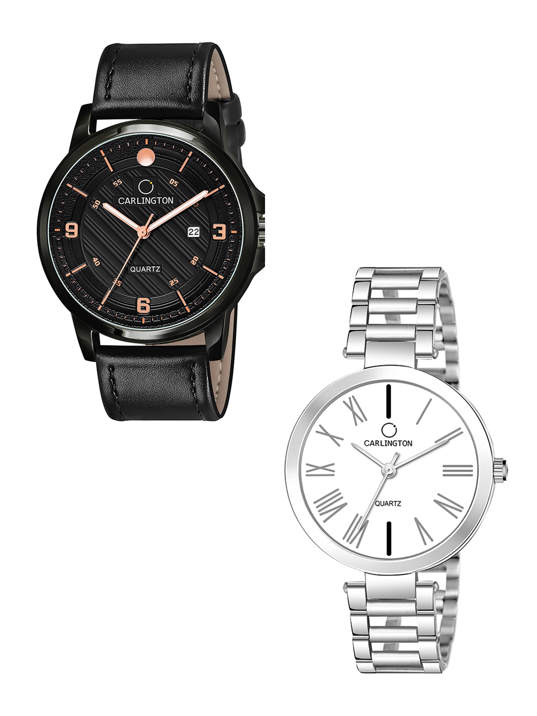 

CARLINGTON Black Dial & Black Leather Straps Analogue Couple Watches - CT1050