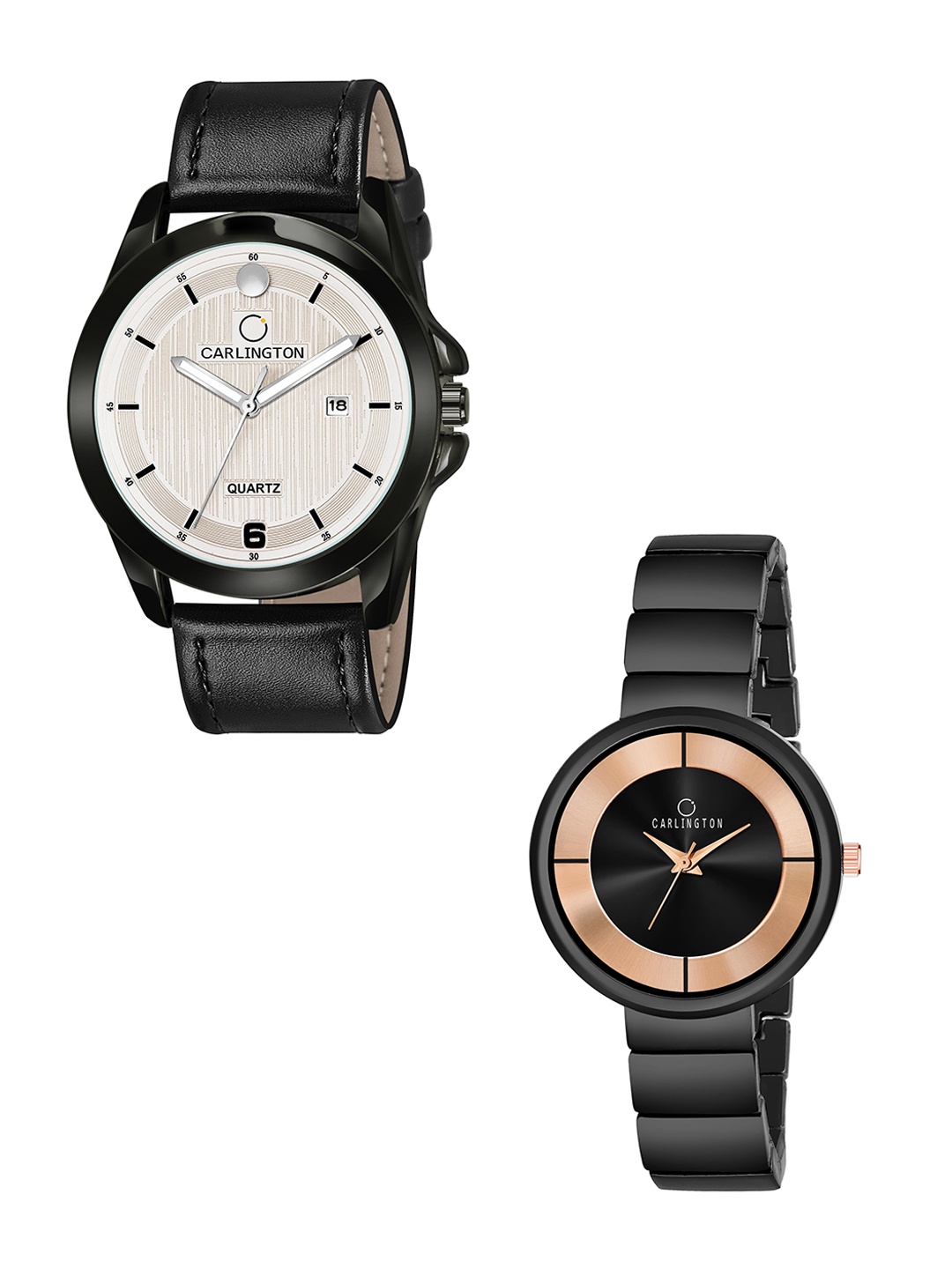 

CARLINGTON White Printed Dial & Black Leather Straps Analogue Couple Watches - CT1040
