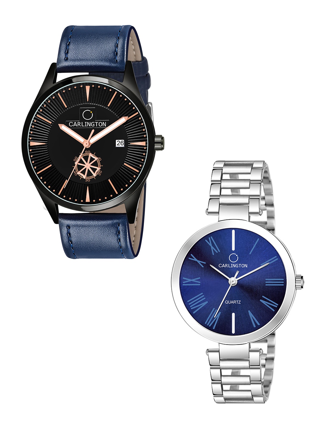 

CARLINGTON White Dial & Blue Leather Straps Analogue Couple Watches - CT1020, Black
