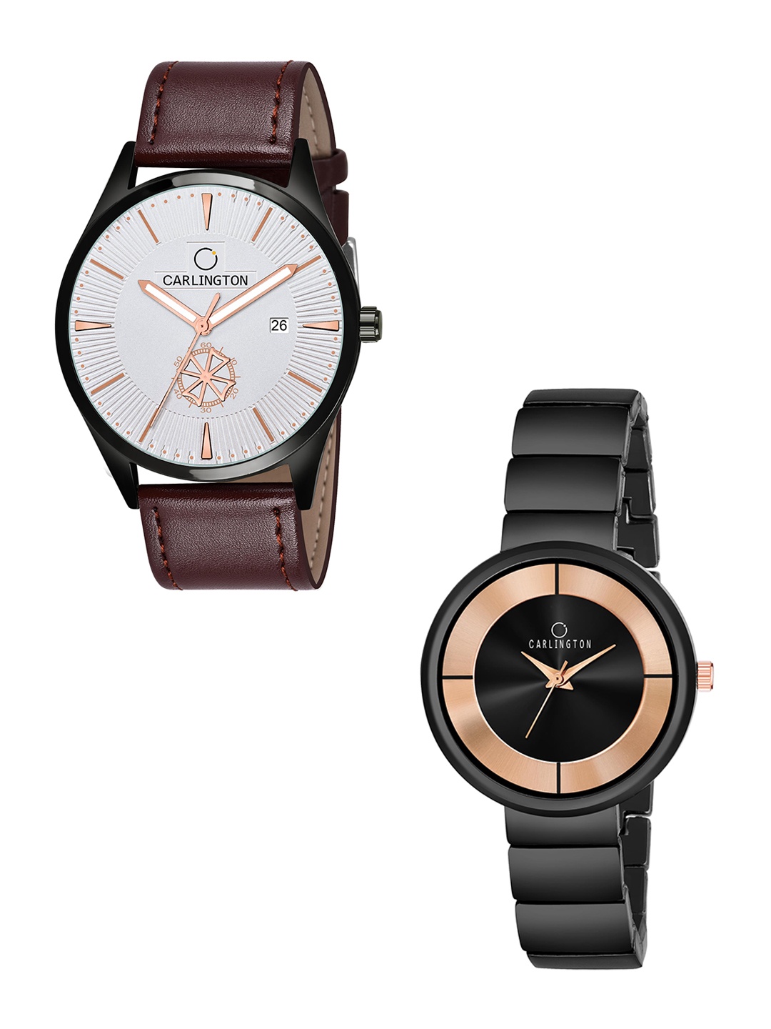 

CARLINGTON White Dial & Brown Leather Straps Analogue Couple Watches - CT1020