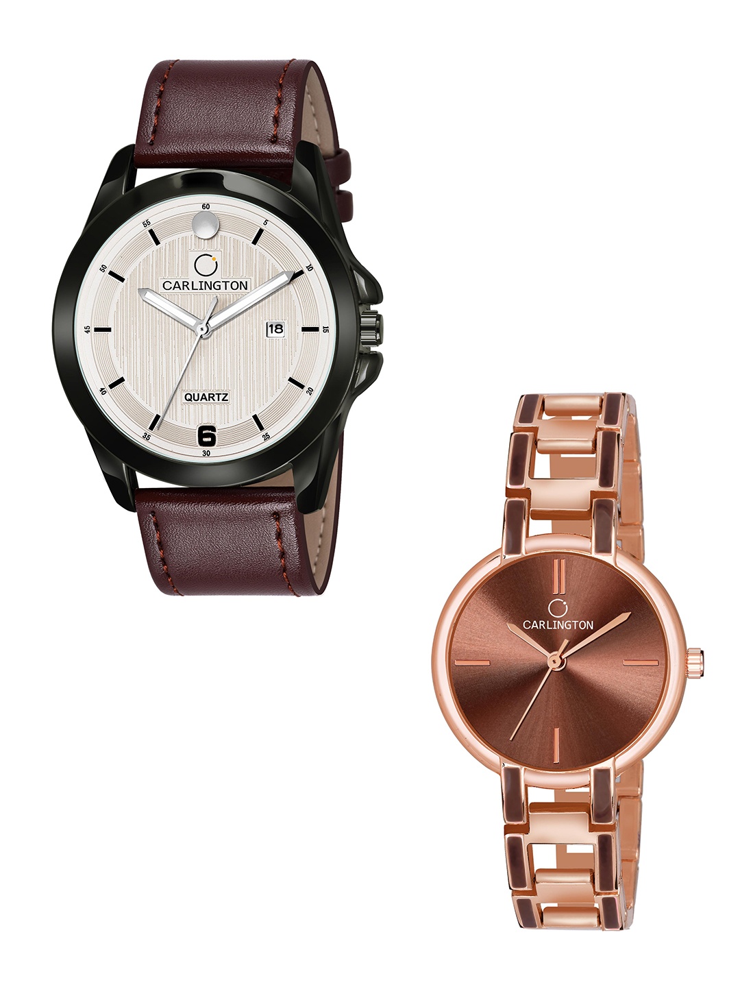 

CARLINGTON White Dial & Brown Leather Straps Analogue Couple Watches - CT1040