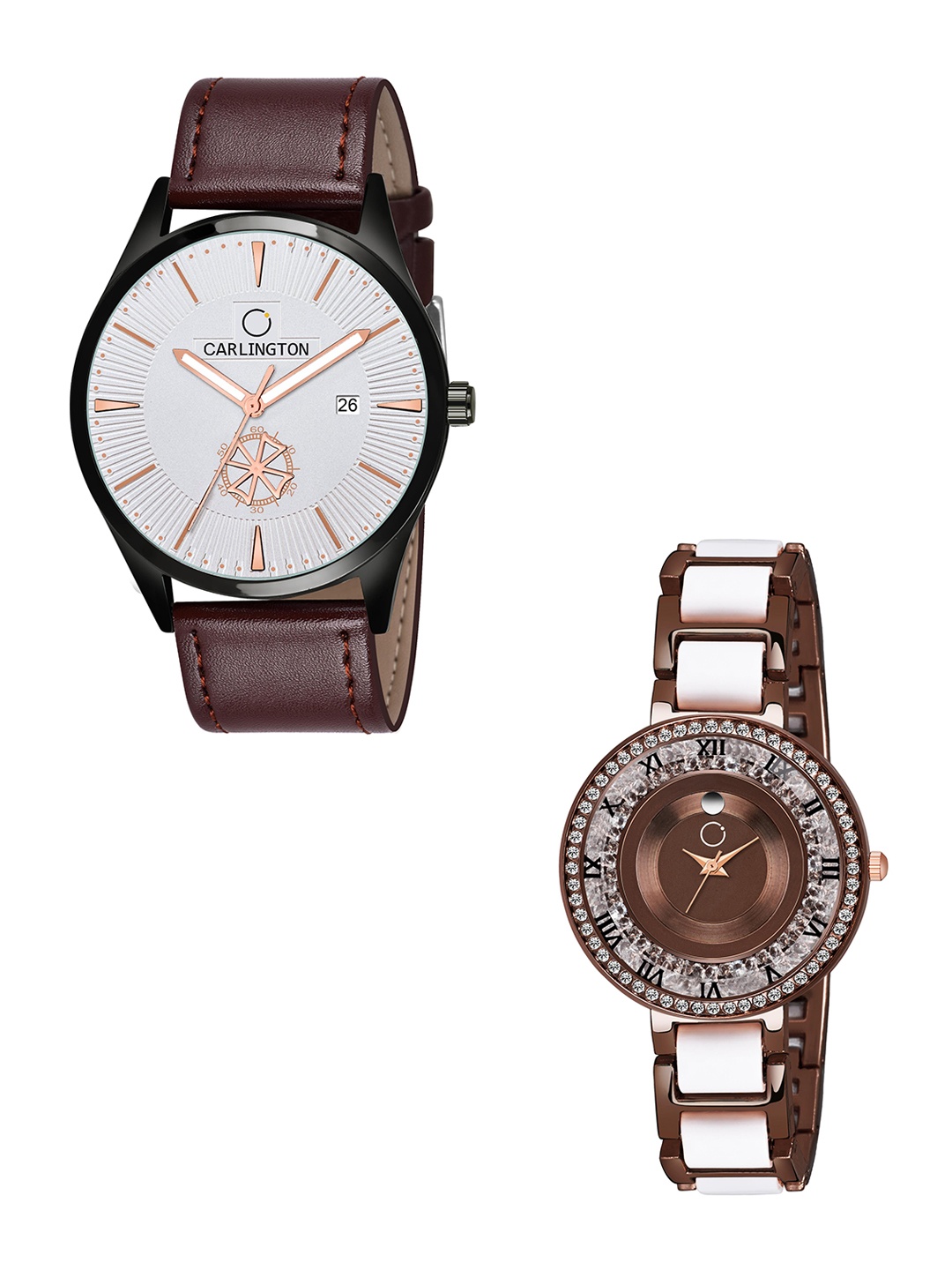 

CARLINGTON White Dial & Brown Leather Straps Analogue Couple Watches - CT1020
