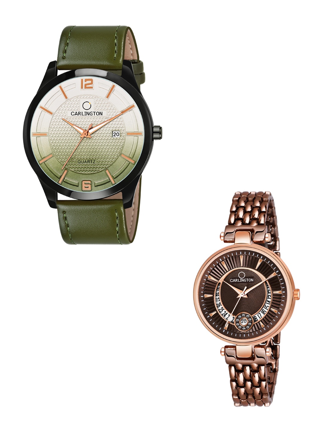 

CARLINGTON Green Dial & Green Leather Straps Analogue Couple Watches - CT1010