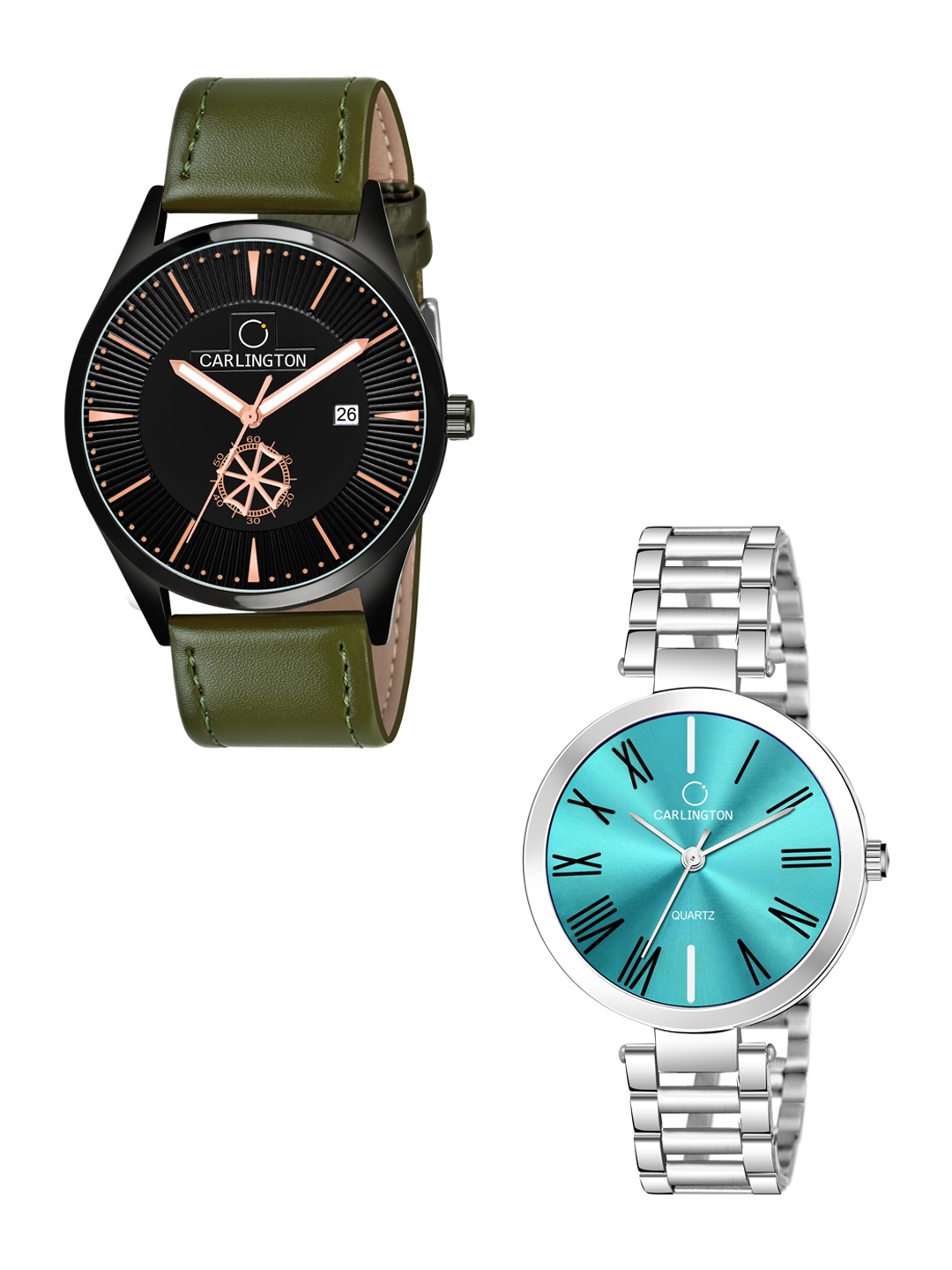 

CARLINGTON Black Dial & Green Leather Straps Analogue Couple Watches - CT1020