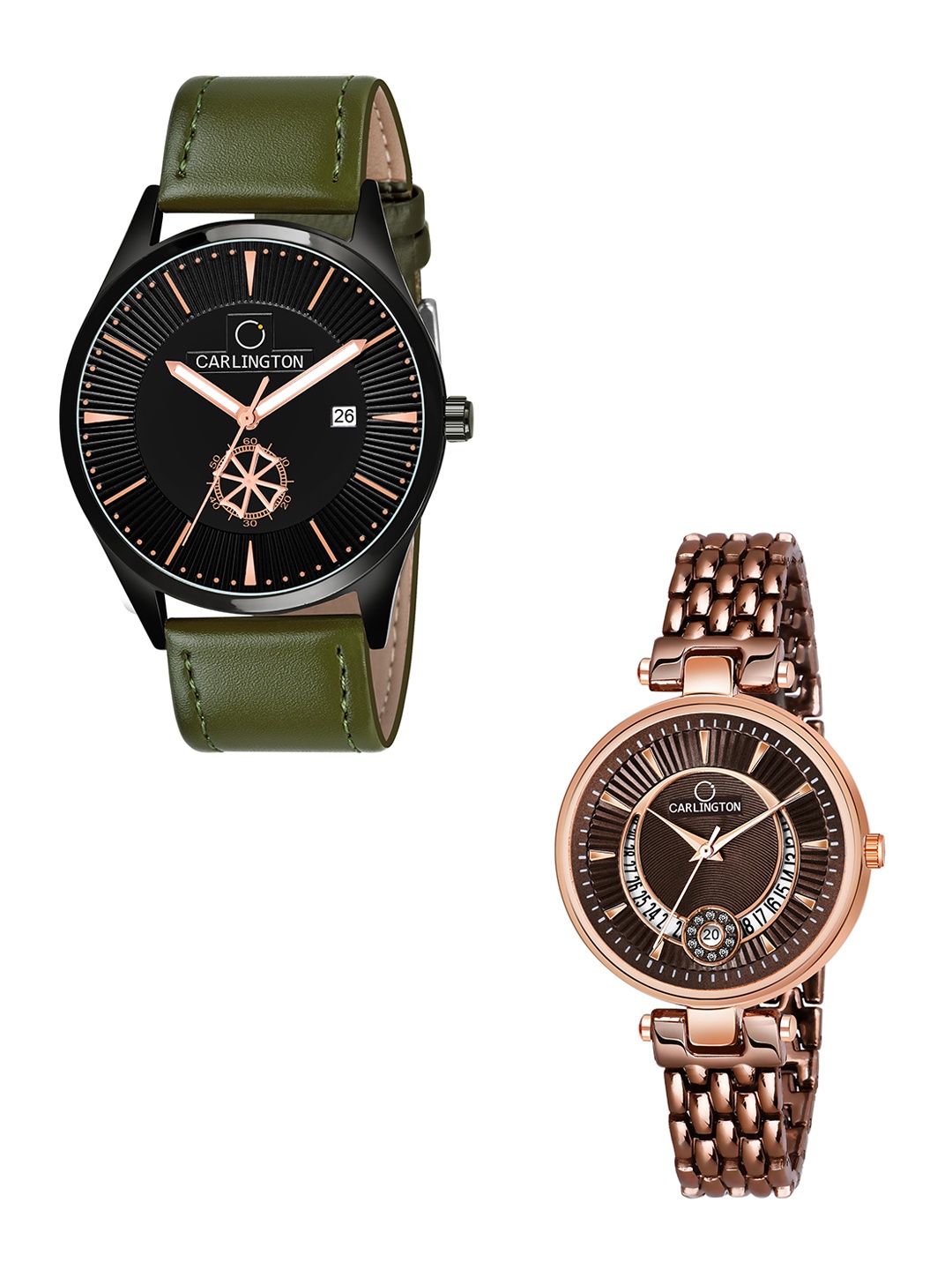

CARLINGTON Black Dial & Green Leather Straps Analogue Couple Watches - CT1020, Olive