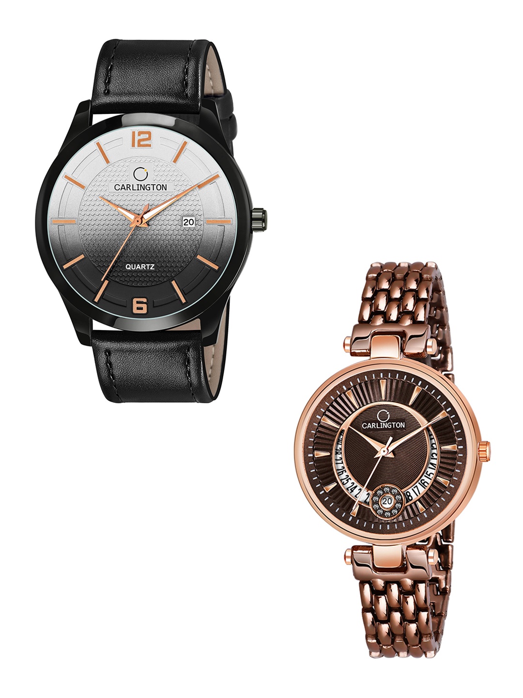 

CARLINGTON Black Dial & Black Leather Straps Analogue Couple Watches - CT1010