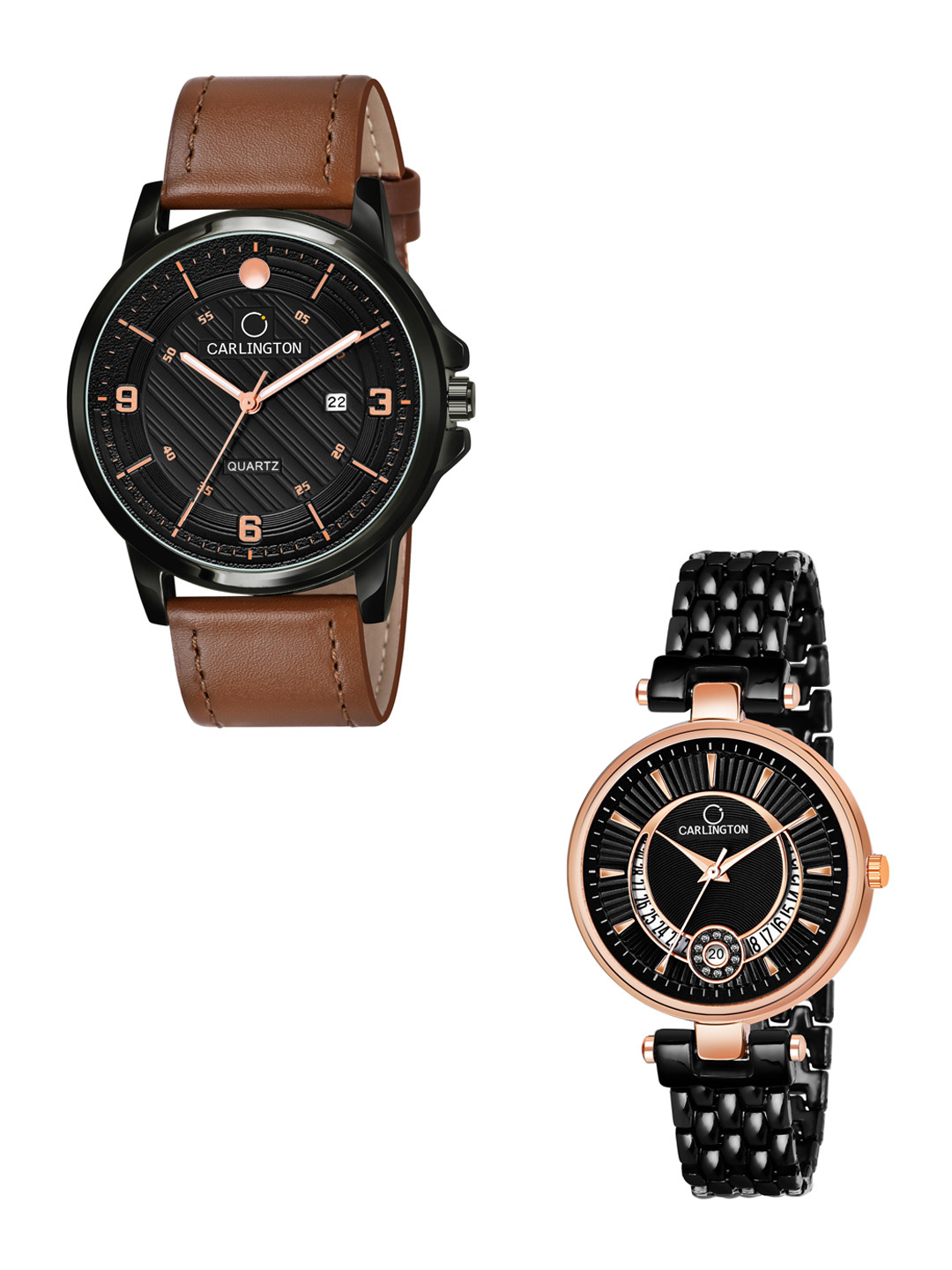 

CARLINGTON Black Dial & Brown Leather Straps Analogue Couple Watches - CT1050