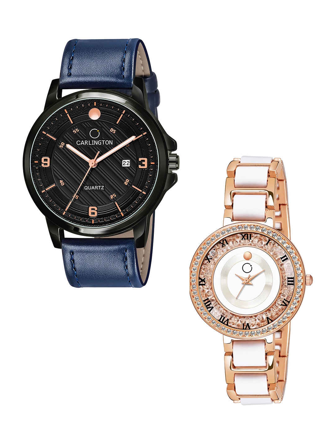 

CARLINGTON Black Dial & Blue Leather Straps Analogue Couple Watches - CT1050