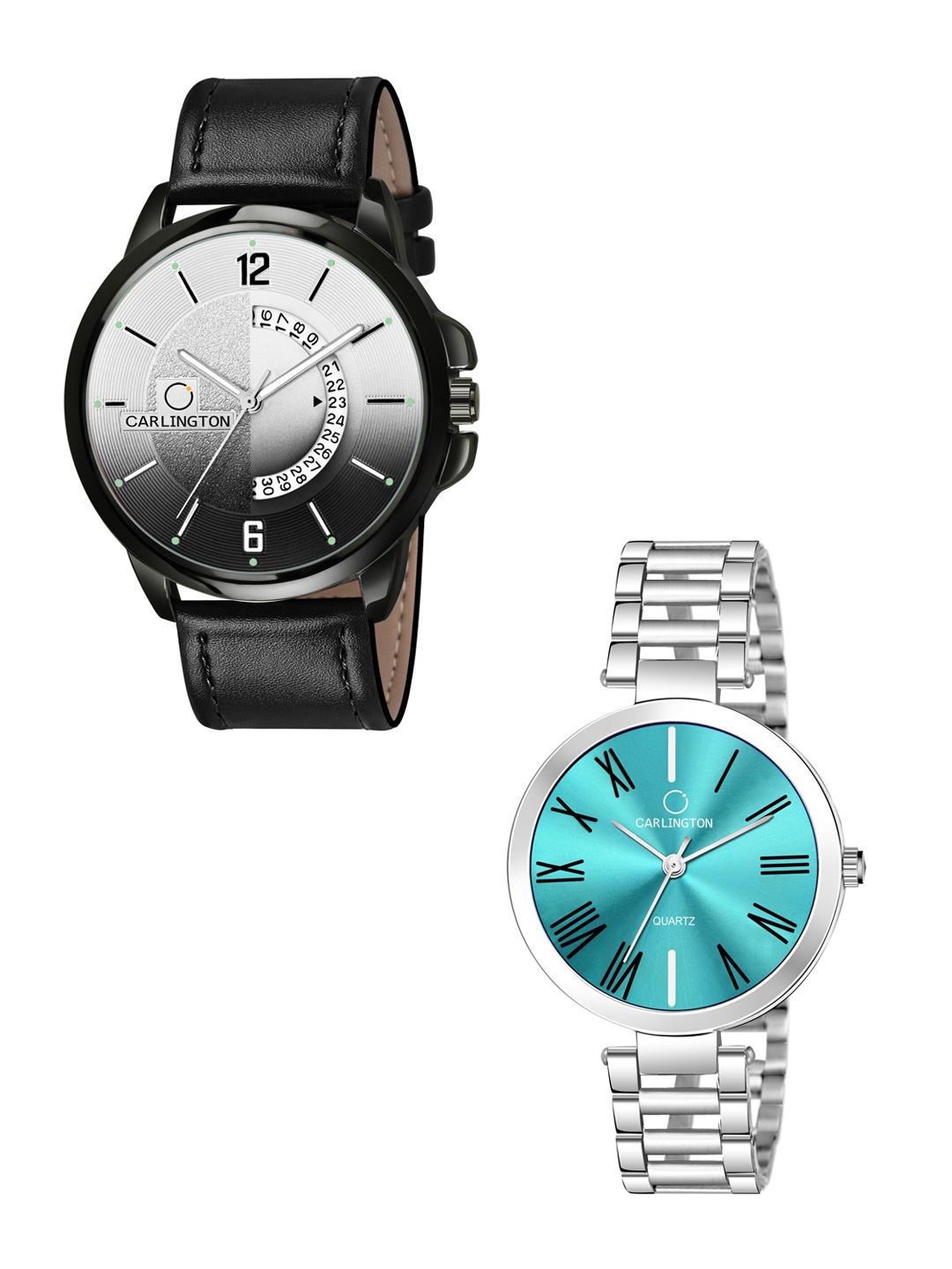 

CARLINGTON Black Dial & Black Leather Straps Analogue Couple Watches - CT1030