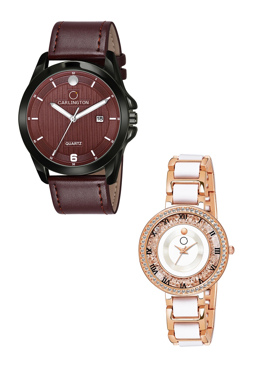 

CARLINGTON Brown Dial & Brown Leather Straps Analogue Couple Watches - CT1040