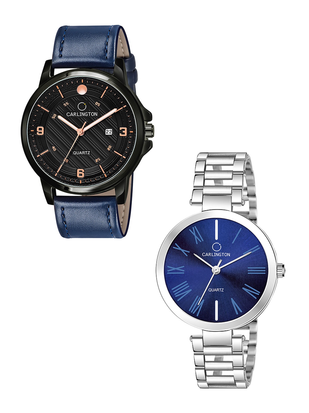 

CARLINGTON Black Dial & Blue Leather Straps Analogue Couple Watches - CT1050