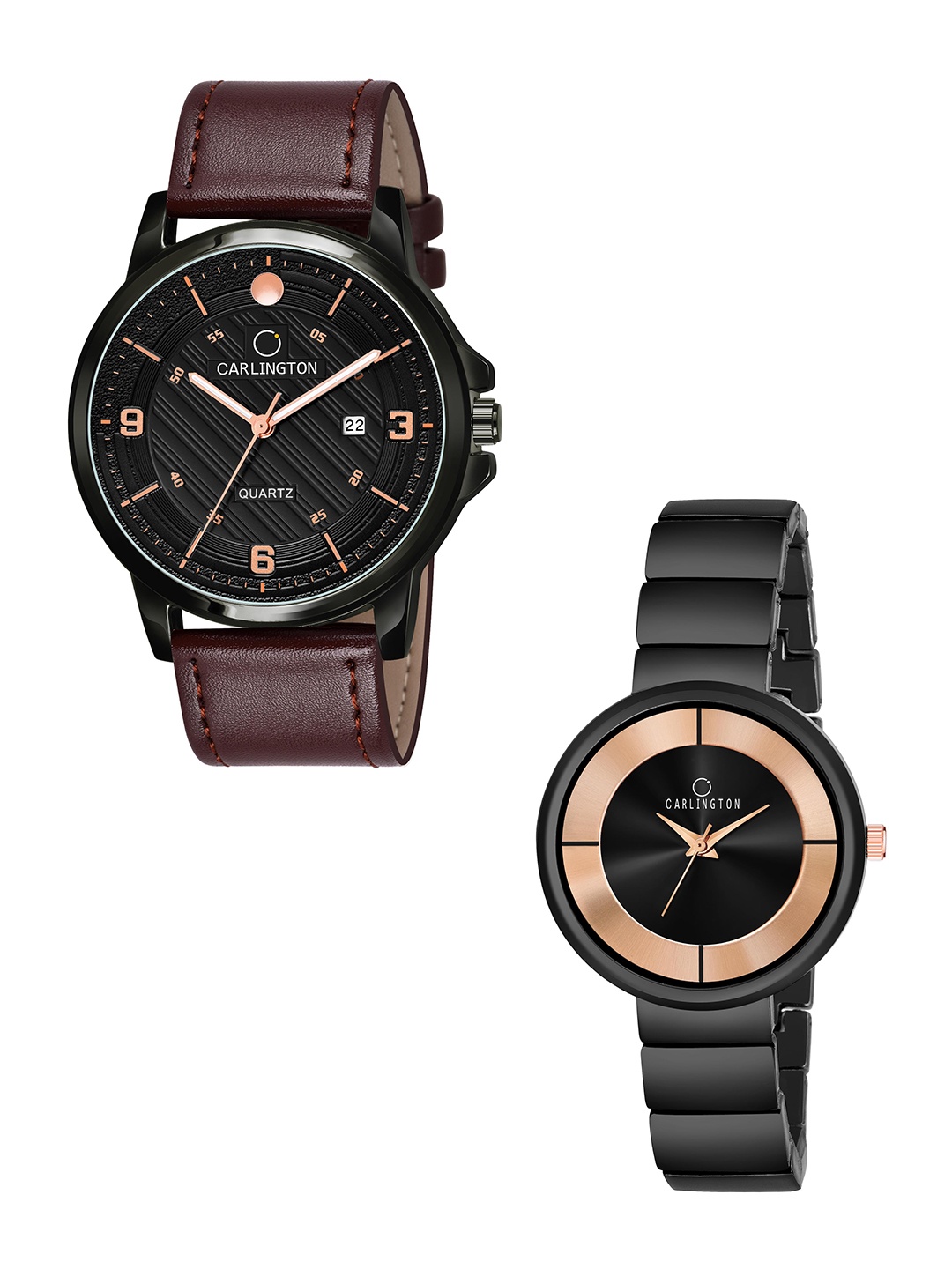 

CARLINGTON Black Dial & Brown Leather Straps Analogue Couple Watches - CT1050