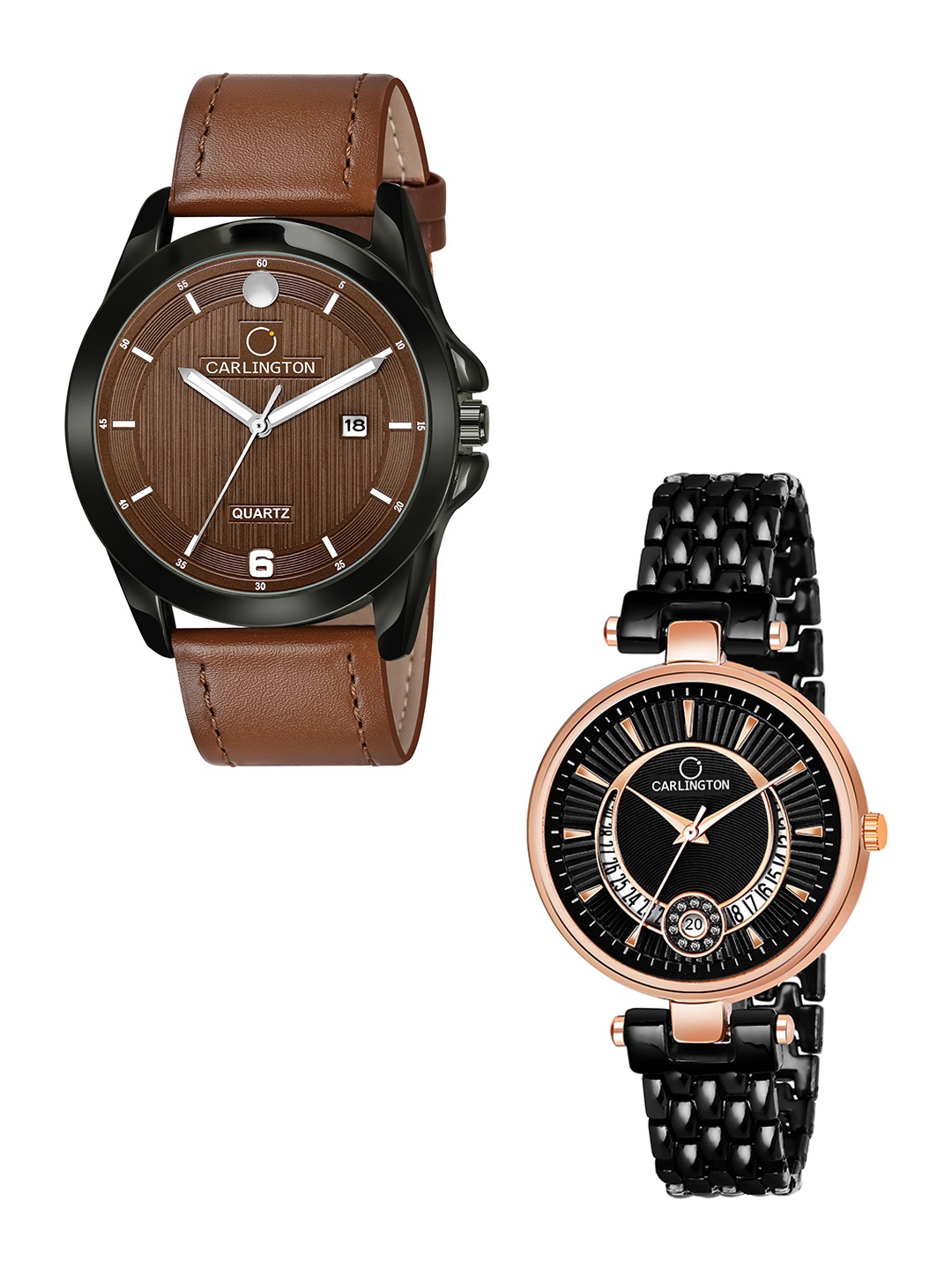 

CARLINGTON Brown Dial & Brown Leather Straps Analogue Couple Watches - CT1040, Tan