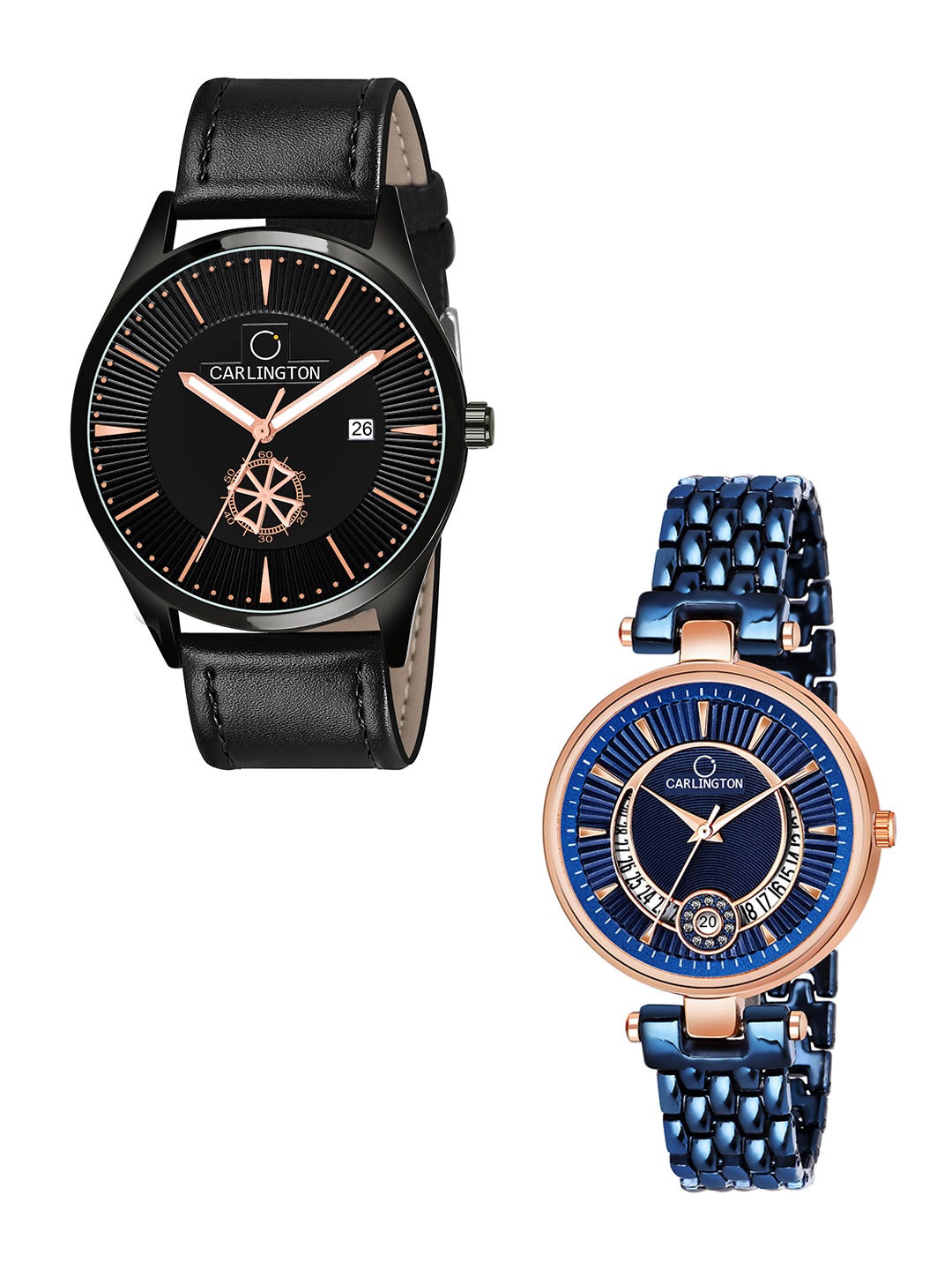 

CARLINGTON Black Dial & Black Leather Straps Analogue Couple Watches - CT1020