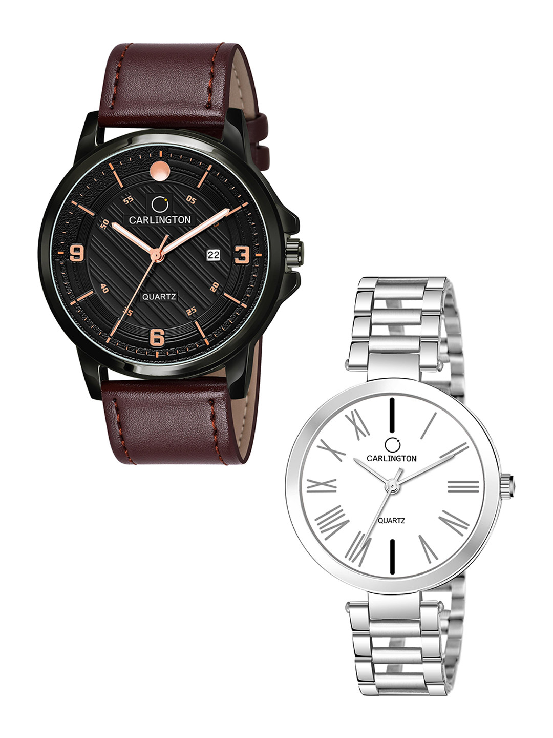 

CARLINGTON Black Dial & Brown Leather Straps Analogue Couple Watches - CT1050